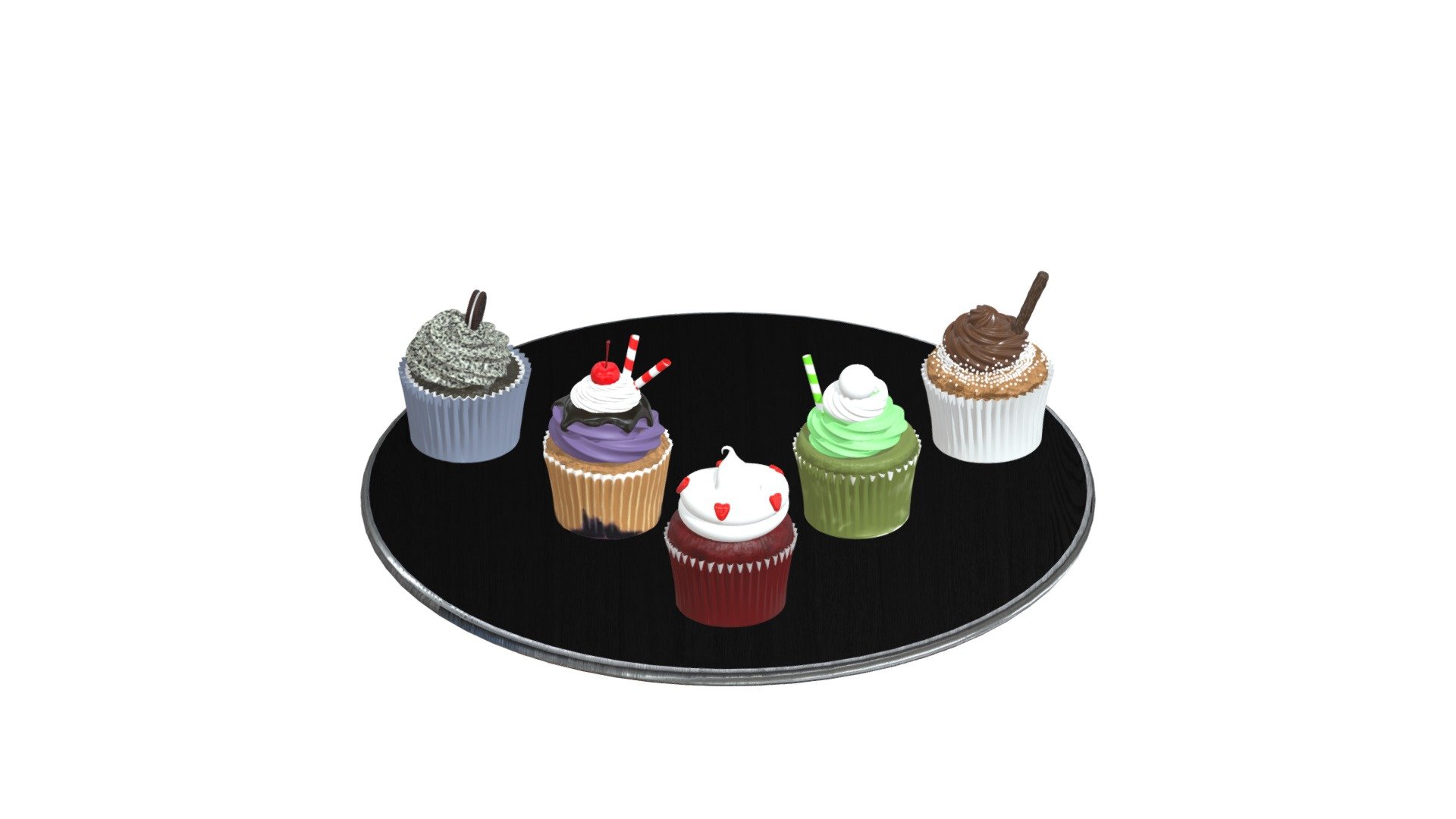 5 different cupcakes on a wood table 3d model
