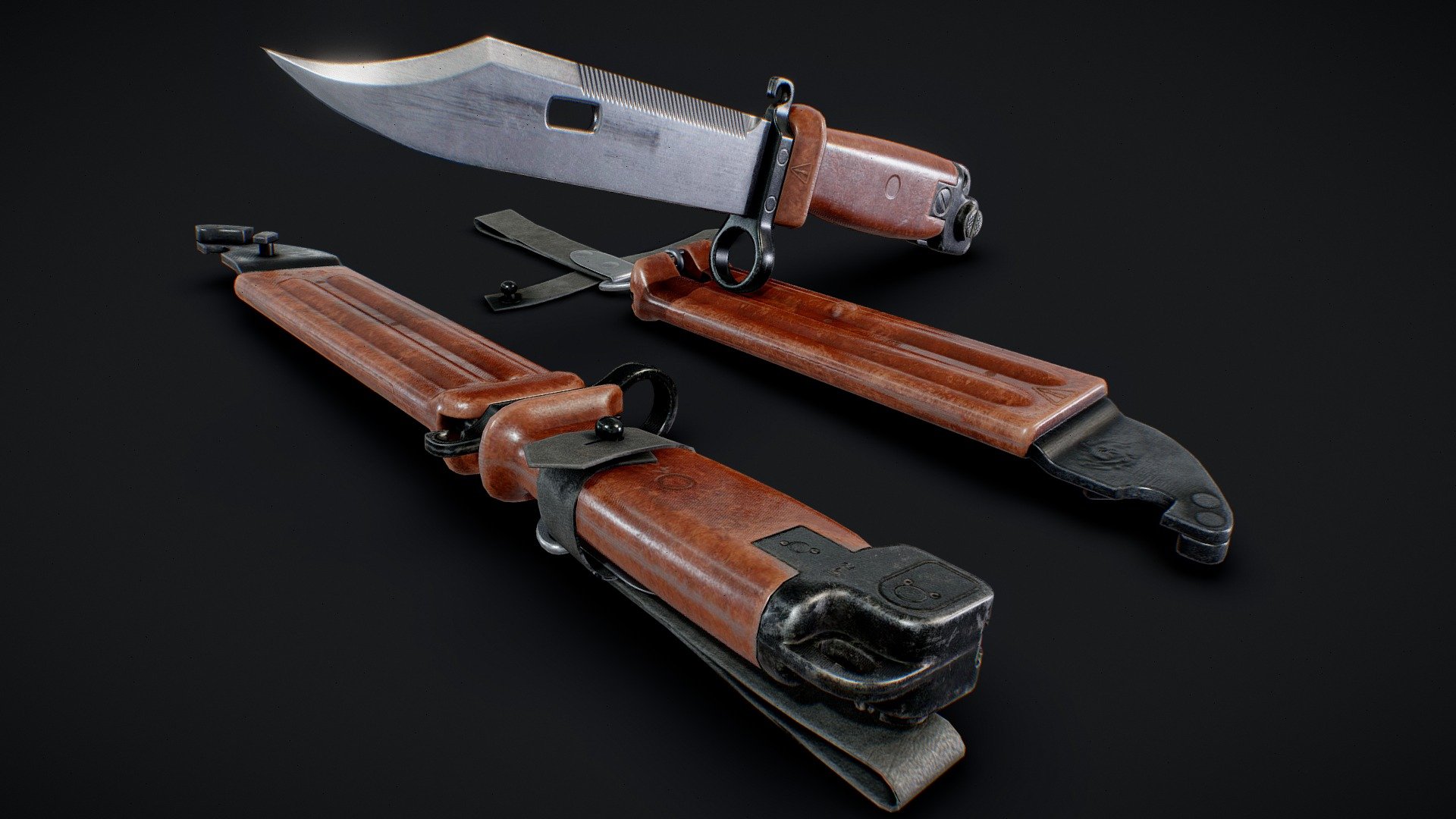 6Х4 (eng. 6KH4)

is a multi-purpose knife and bayonet.

Game oriented model.  

Knife: 2450 tris.

Scabbard: 1333 tris.

Belt: 1840 tris.

Total: 5623 tris.

ArtStation

Renderu - 6X4 Bayonet AKM AK-74 - 3D model by Alexandr Kryuchek (@artkryuchek) 3d model
