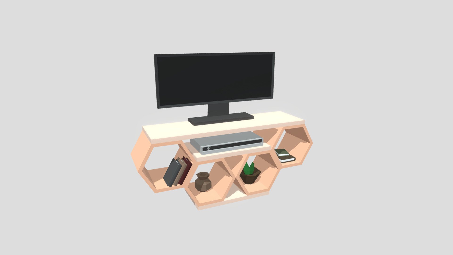 Low Poly TV shelf with TV, books and plant - Game ready, optimized, textured with сolor palette 3d model