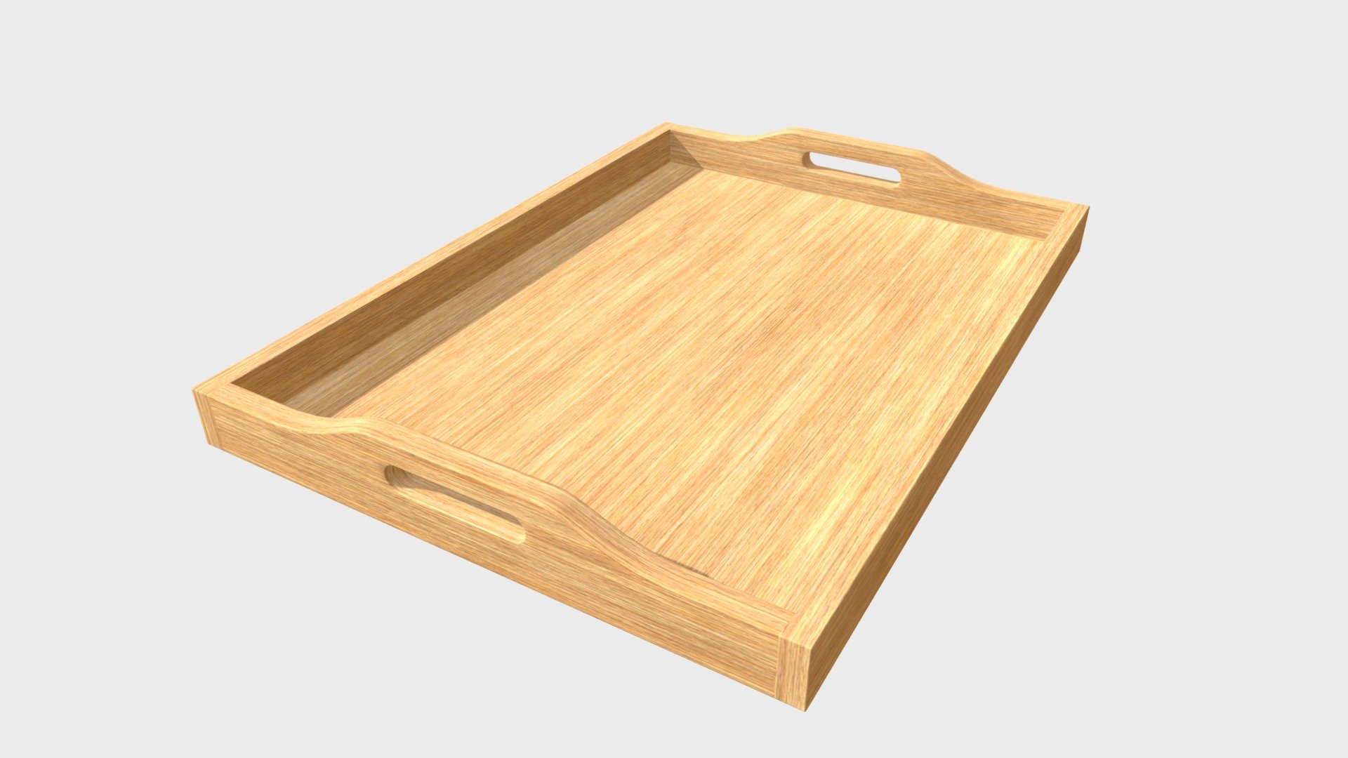 === The following description refers to the additional ZIP package provided with this model ===

Wooden serving tray 3D Model. Production-ready 3D Model, with PBR materials, textures, non overlapping UV Layout map provided in the package.

Quads only geometries (no tris/ngons).

Formats included: FBX, OBJ; scenes: BLEND (with Cycles / Eevee PBR Materials and Textures); other: 16-bit PNGs with Alpha.

1 Object (mesh), 1 PBR Material, UV unwrapped (non overlapping UV Layout map provided in the package); UV-mapped Textures.

UV Layout maps and Image Textures resolutions: 2048x2048; PBR Textures made with Substance Painter.

Polygonal, QUADS ONLY (no tris/ngons); 2950 vertices, 2952 quad faces (5904 tris).

Real world dimensions; scene scale units: cm in Blender 3.3 (that is: Metric with 0.01 scale).

Uniform scale object (scale applied in Blender 3.3) 3d model
