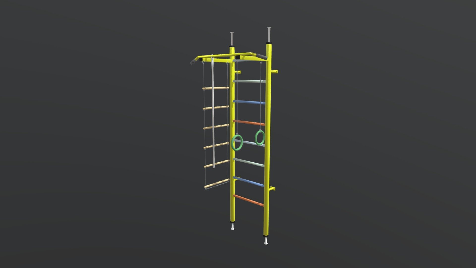 The “Junior” gymnastic ladder is a stable construction designed for school children and their parents. Yellow color and degrees in green, red and blue create a unique fairytale atmosphere. This stylistic convention makes the ladder perfectly integrated into the interior design of the child's room 3d model