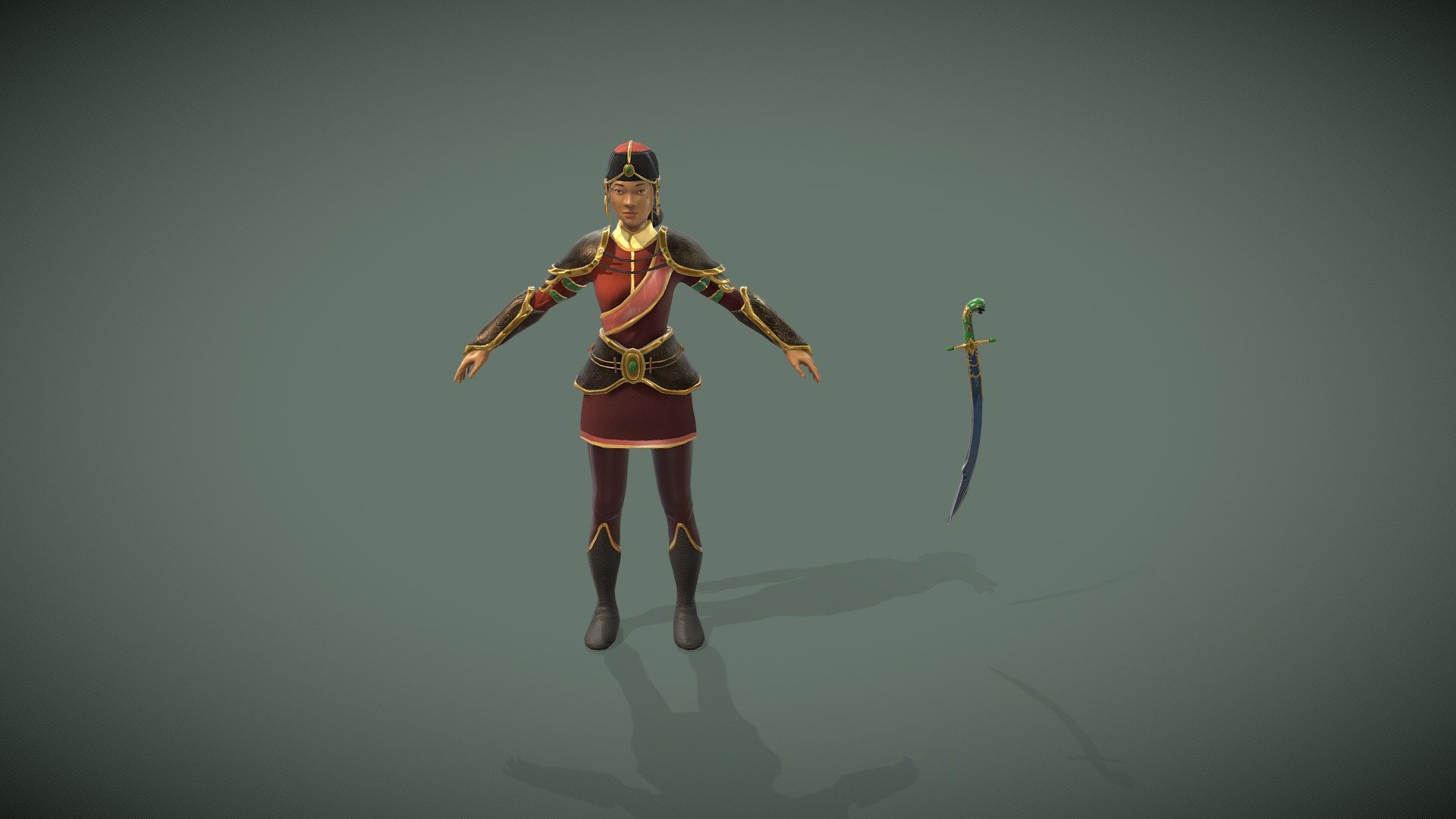 Hi everyone! :)

This is my very first 3D Character, a Mongolian royal guard.
Her name's Altantsetseg. Born in a nomad family, she learned quickly to use sabers thanks to his dad, who fought in numerous battles. At the age of 18, she entered to serve the Emperor, who created the first Royal Army from the Yuan Dynasty.
Determined and intelligent, she's become the first woman to receive the title of Major of the Yuan's Royal Army.

High Poly: ZBrush
Retopology: Maya
Texturing: Substance Painter
Rig, Skin and Animation: Maya
Integrated into UE4.

PORTFOLIO: https://www.artstation.com/artwork/mD15av - Mongolian Royal Guard - 3D model by Nekoyukki 3d model