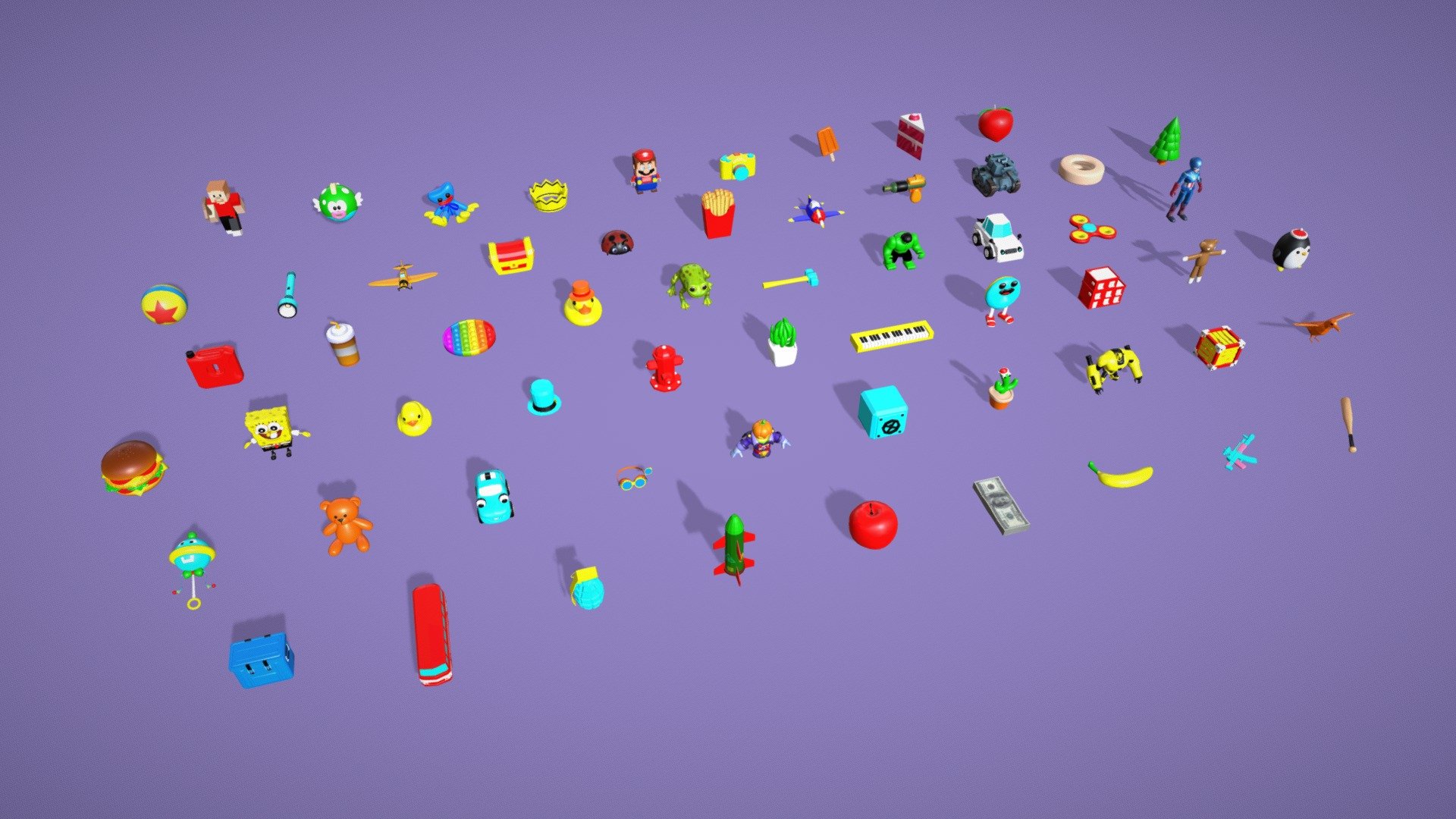 This package contains 60 Low poly cartoonish Toys in one pack.
This pack is suitable for Kid Learning games, Pair Matching Games rendering, galleries, or whatever you want.
Can be used for hyper-casual 3d Games.
You can create various color variants as per your needs by changing materials.

All the models are originally modeled in a blender.
Enjoy low poly toys pack. Leave valuable comments below. Thank you 3d model