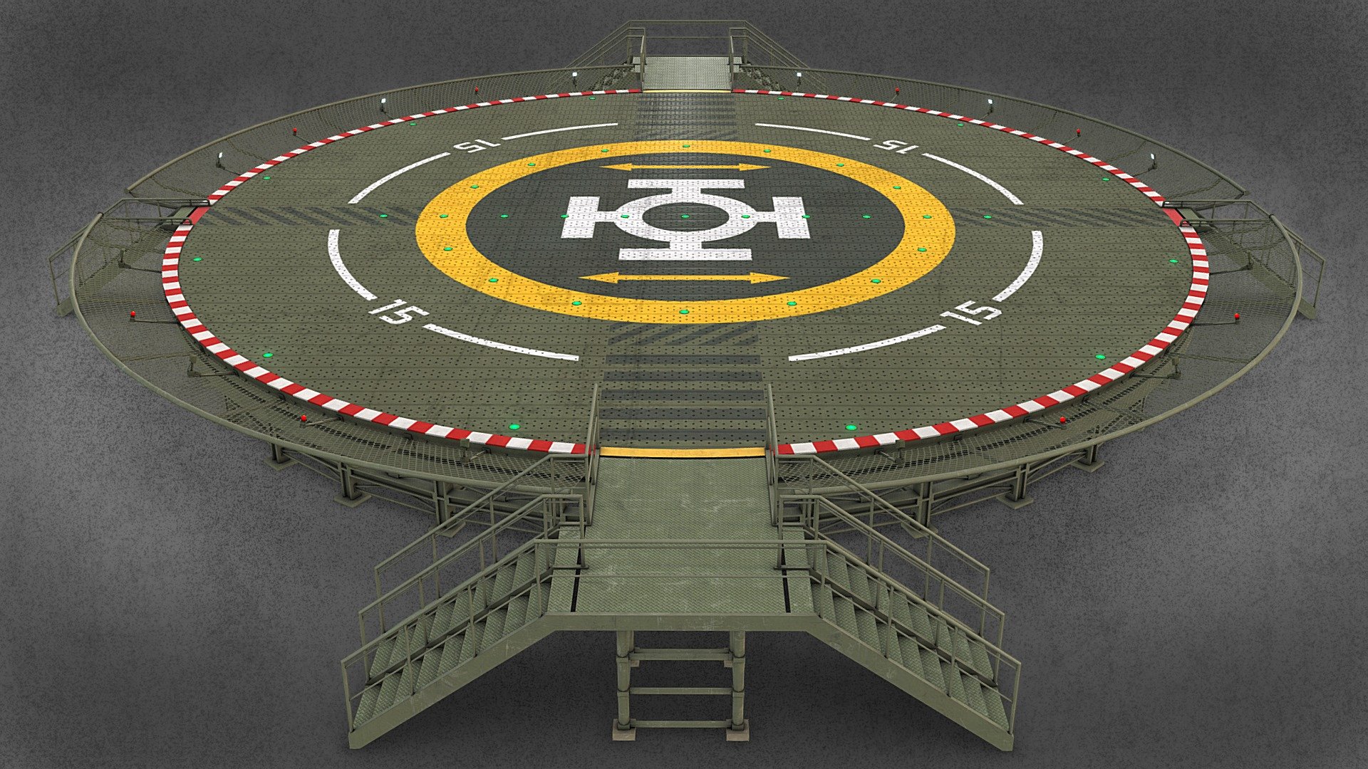 Circular military drone takeoff and landing pad with aluminum pancake

High quality low poly mesh with a trianglecount of 48043 tris at 30720 verts

Made to real world scale in meters with 2 m height and 20 m diamater

Ready for day &amp; night cycles with 6 x different light color schemes on textures

Detailed high quality PBR specular workflow ready textures created in native 4K to 1K

Hand painted layers with scratches, bumps and stains implemented into the PBR workflow

Additional emissive maps of markings and stripes for better adhesion and clarity on the pancake

Completely interchangeable pancake´s livery within a specific pad series (a series is 3 x pads)

User- and engine friendly named textures that correspond directly with a matching material id

Multiple flawless file formats and all native textures included in the additional file

Readme file with more infos and useful tips for texture pinning and shader setup included

Notice! This is the same asset as that with nigthttime setup
 - Military Dronepad 02 (Daytime Setup) - Buy Royalty Free 3D model by RealtimeModels 3d model