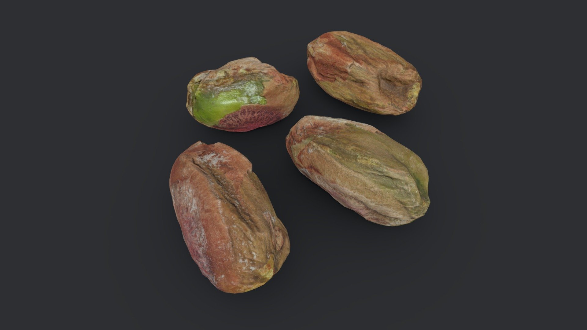 Four individual photogrammetry models of pistachio nut kernels.

Each model has three base levels of detail. Optimized into uniform triangles with clean UVs.

Kernel 1 - LOD1 = 18,944 tris, LOD2 = 1,184 tris, LOD3 = 296 tris,

Kernel 2 - LOD1 = 19,200 tris, LOD2 = 1,200 tris, LOD3 = 300 tris,

Kernel 3 - LOD1 = 19,456 tris, LOD2 = 1,216 tris, LOD3 = 304 tris,

Kernel 4 - LOD1 = 19,200 tris, LOD2 = 1,200 tris, LOD3 = 300 tris,


4K PNG textures (Albedo, Normal, Roughness, Gloss and Ambient Occlusion). All levels of detail share the same textures except for the Normal map, where each LOD has a unique Normal.

LOD2 used for 3D preview with 1K JPG textures.

Real world scale 3d model