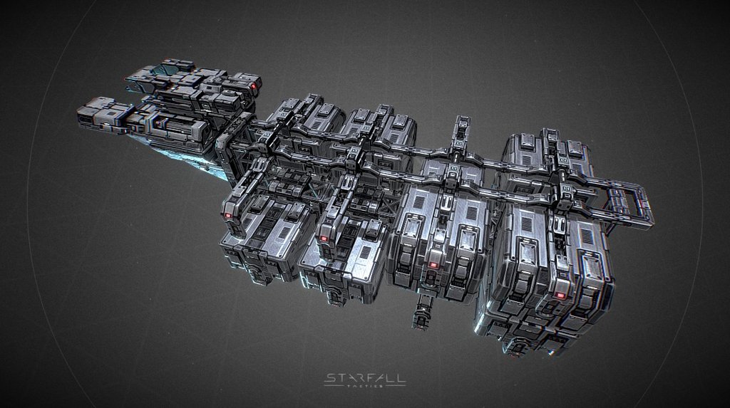In-game model of a neutral cargo hauling spaceship.
Learn more about the game at http://starfalltactics.com/ - Starfall Tactics — Charon freighter - 3D model by Snowforged Entertainment (@snowforged) 3d model