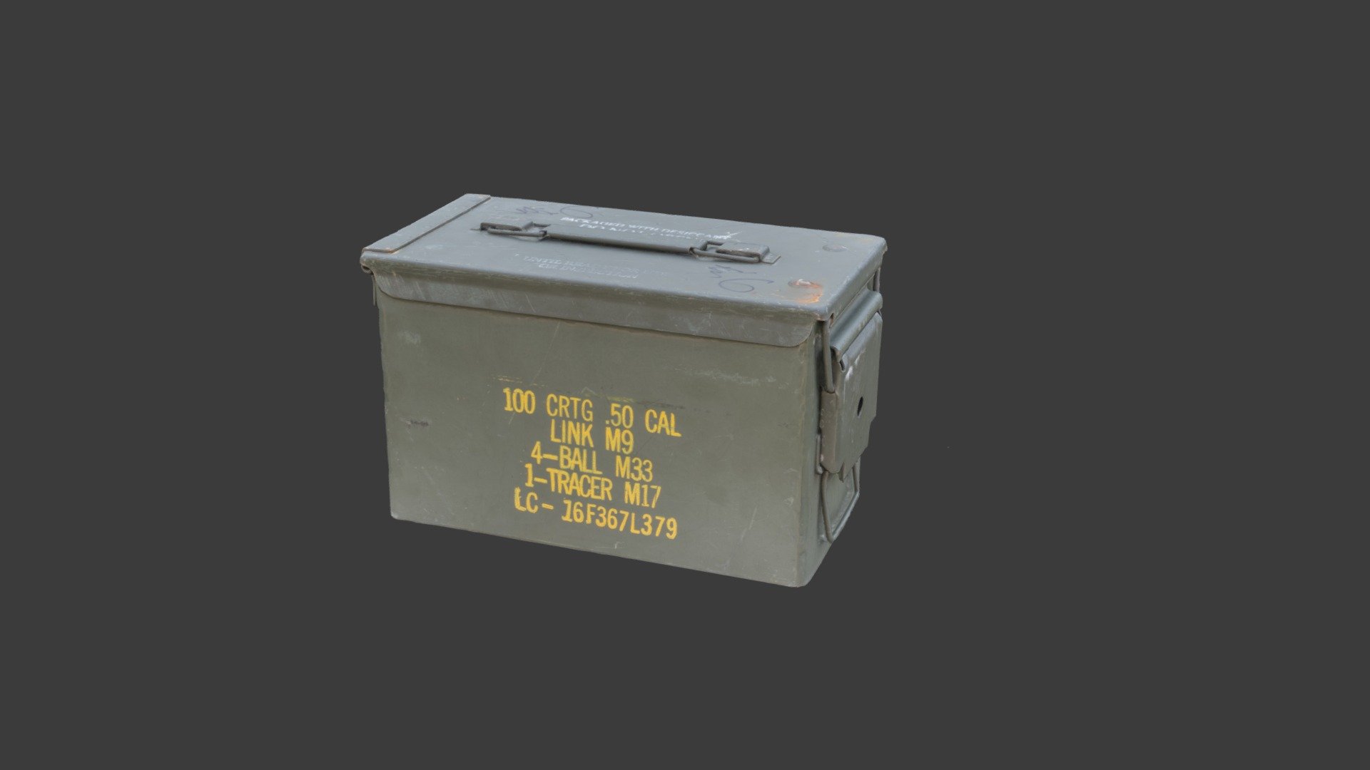 Original used .50 cal ammo box

Scanned with Canon 6D (20,2 MPix) w/ 50mm - 110 images - Reality Capture

The quality is downgraded because of Sketchfab upload requirements 3d model
