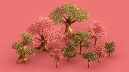 TREE PACK V1 tree, green, log, random, pink, trunk, bark, nature, stylized, leaves