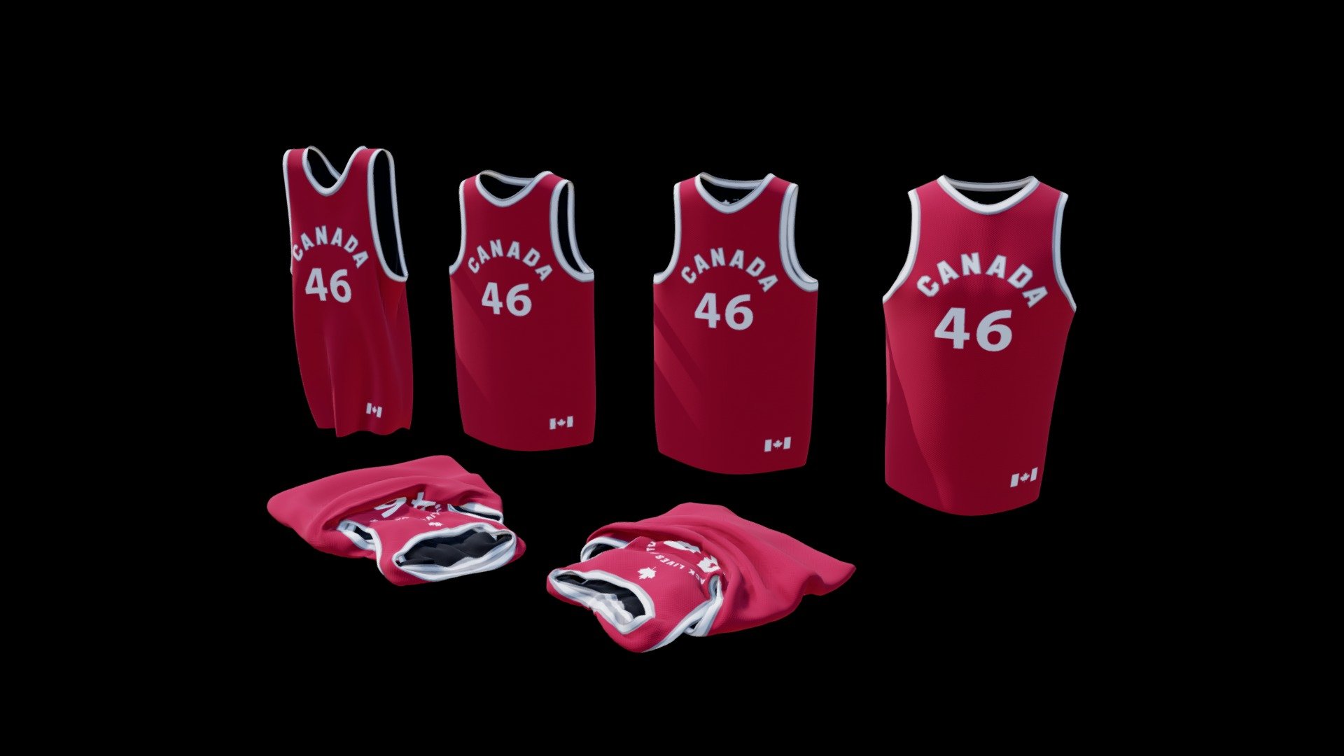 A basketball jersey in various states (left to right, hanging, lower poly unfolded, higher poly unfolded, fitted roughly to a torso, and two versions of crumpled on the floor). To make creating your own design easier a .PSD file with two sample templates is included.

Created using Autodesk Maya and Adobe Photoshop 3d model