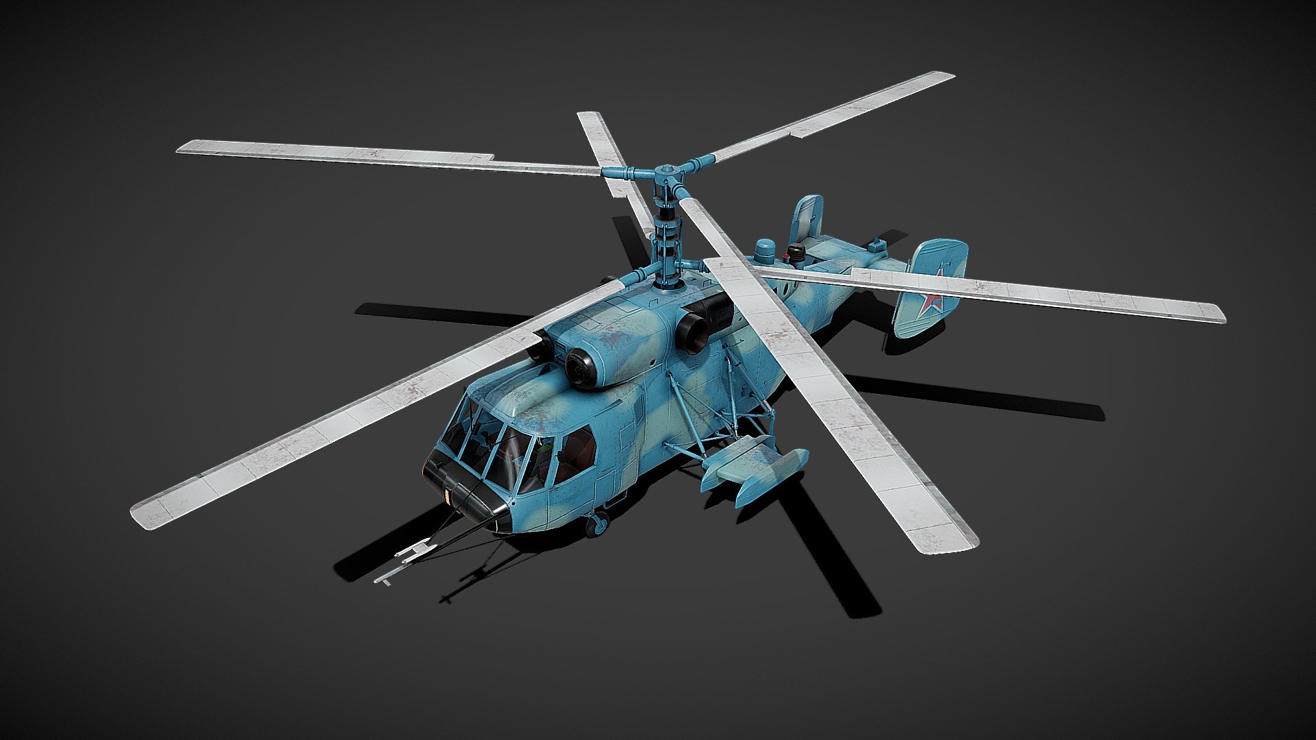 Game ready NAVY KA-29. Separetes parts : doors, hoods, rotors.Model scale Unity engine. There is an additional Blender file (version 2.79) 3d model