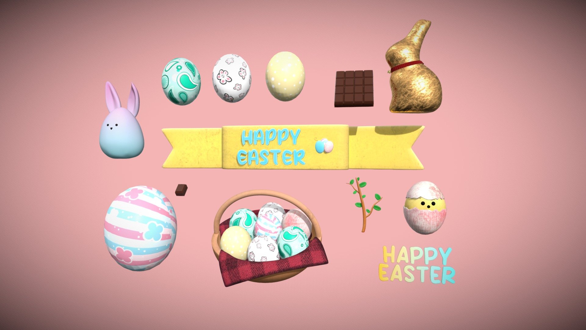 Stylized easter icons created in Blender.

This model is available in the following file formats:




.blend (Blender native format)

.fbx (Autodesk fbx)

.obj (Object file with mtl)

.abc (Alembic)

.dae (Collada)

.stl (Stereolithography)

.glb

The file contains the 3D model and the textures, there is no light preset.
There is a zip file with some renders in PNG format with alpha/transparency.

The objects are exported separately, but the blender file contains all of them.
The model has a non-overlapping UV-Map.
The polygons in the model are mostly Quads. 

Polygons (total)
* Verts 63000
* Faces 62573
* Tris 124924

Included texture maps: Base Color, Metallic, Roughness, Ambient Occlusion, Specular,
OpenGL Normal, DirectX Normal.

The textures are 2048x2048 in PNG 3d model