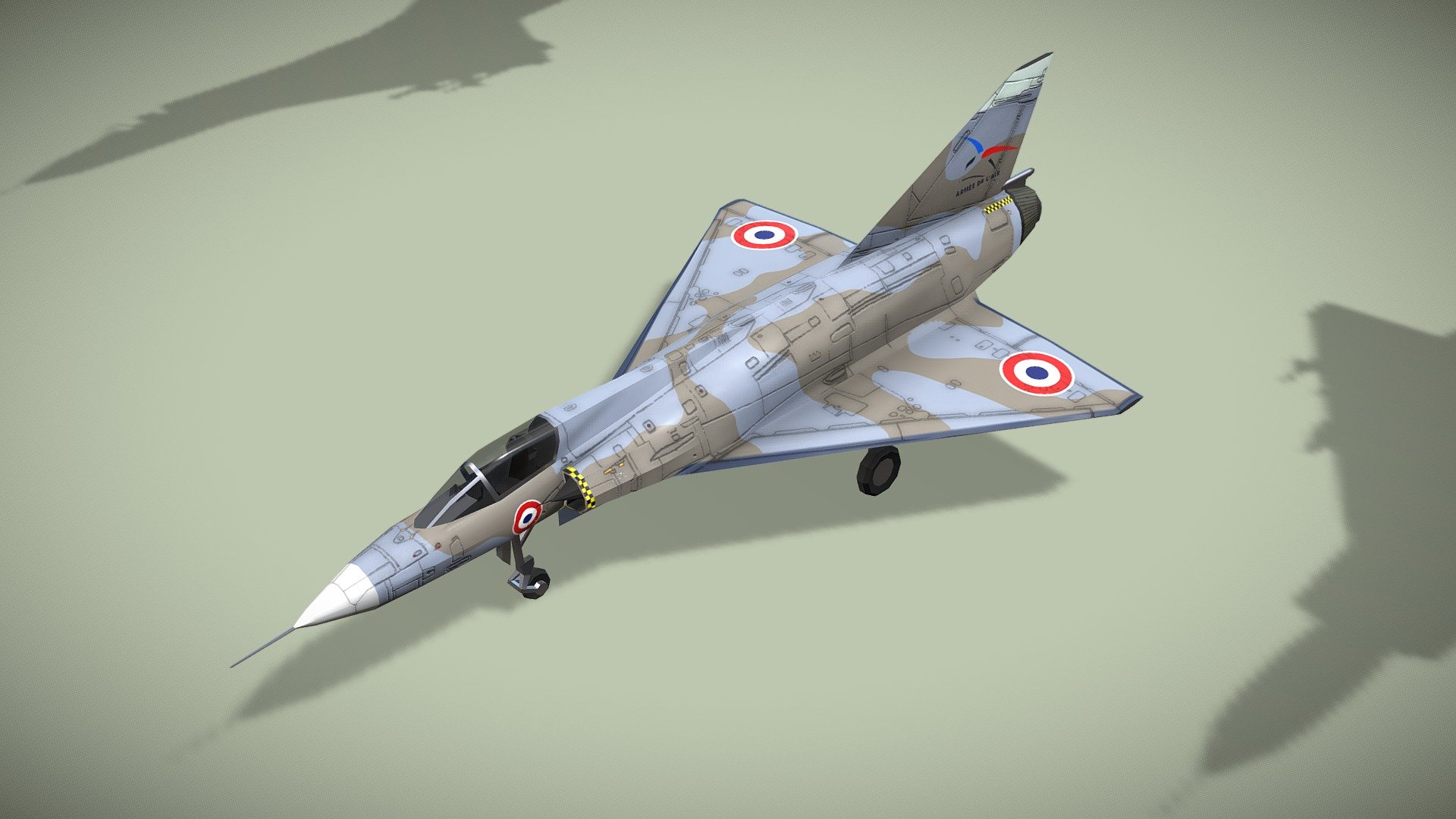 Dassault Mirage III

Lowpoly model of french jet fighter



Dassault Mirage III is a family of single/dual-seat, single-engine, fighter aircraft. It was the first Western European combat aircraft to exceed Mach 2. The Mirage III was produced in large numbers for both the French Air Force and a wide number of export customers. Often considered to be a second-generation fighter aircraft. During its service with the French Air Force, the Mirage III was normally armed with assorted air-to-ground ordnance or R.550 Magic air-to-air missiles. Its design proved to be relatively versatile, allowing the fighter model to have been readily adapted to serve in a variety of roles, including trainer, reconnaissance and ground-attack versions.



1 standing version and 2 flying versions in set.

Model has bump map, roughness map and 3 x diffuse textures.



Check also my other aircrafts and cars.

Patreon with monthly free model - Dassault Mirage III - Buy Royalty Free 3D model by NETRUNNER_pl 3d model