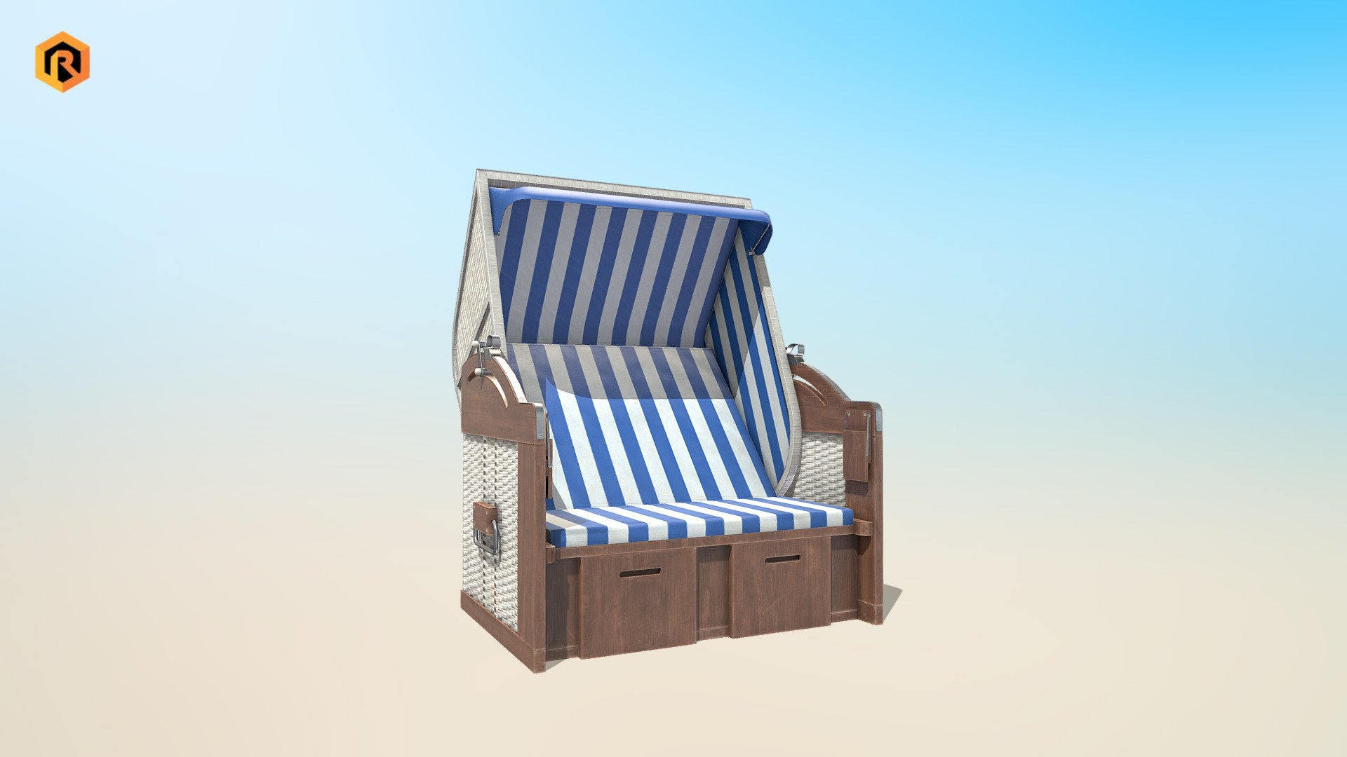 High quality low-poly 3D model of Roofed Wooden Beach Seat. It is best for use in games and other VR / AR, real-time applications 
such as Unity or Unreal Engine. It can also be rendered in Blender (ex Cycles) or Vray as the model is equipped with 
all required PBR textures.  Model is built with great attention to details and realistic proportions with correct geometry. 
PBR texture sets are very detailed so it makes this model good enough for close-up.

Models Info:




PBR BeachChair texture set 4096 (Albedo, Metallic, Smoothness, Normal, Ambient Occlusion).

1 PBR textures set.

4888 Triangles.

4986  Vertices.

Model is one mesh.

Model completely unwrapped.

Model is fully textured with all materials applied.

Pivot points are correctly placed to suit animation process.

Model scaled to approximate real world size (centimeters).

All nodes, materials and textures are appropriately named.
 - Roofed Wooden Beach Seat - Buy Royalty Free 3D model by Rescue3D Assets (@rescue3d) 3d model