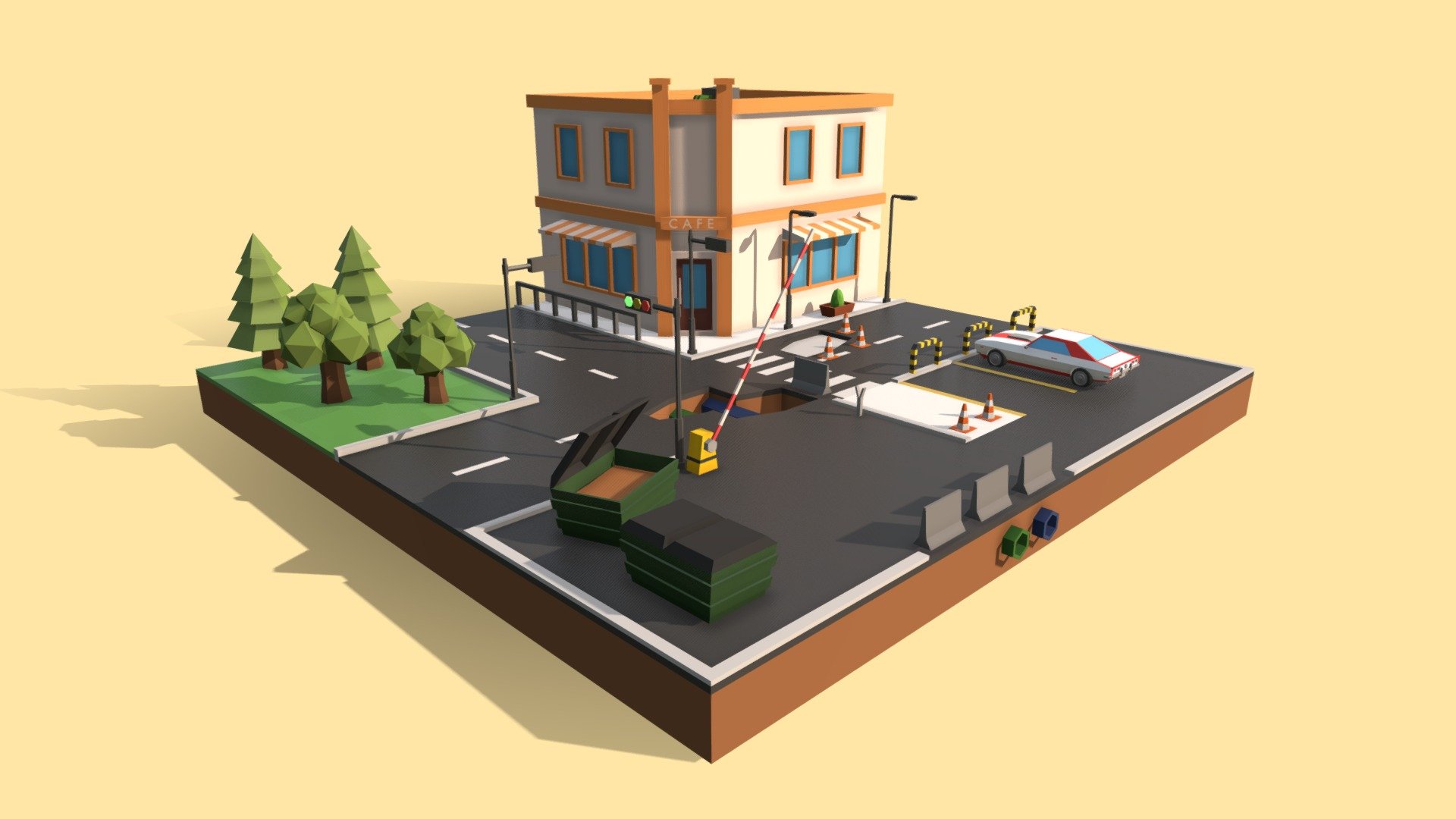 Small low poly-style diorama scene showing a crossroads with traffic lights, corner caffee shop, small park and parking lot with old muscle car parked. All in bright vivid colors - Low Poly City Diorama Scene - Download Free 3D model by Pongo115 3d model