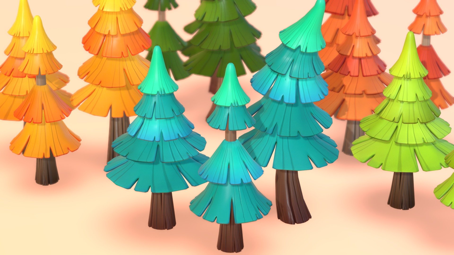 stylized  pine trees.

Bring the beauty of nature to your next project with this stylized colorful Trees Pack!
A pack of 15 cute stylized and toony Pine Tree models with PBR material. 
Also works unlit

There are more assets  to add to your game scene or environment. Check out my sale.
If you need more assets in this style. contact me.

**I also accept freelance jobs. Do not hesitate to write me. **

*-------------Terms of Use--------------

Commercial use of the assets  provided is permitted but cannot be included in an asset pack or sold at any sort of asset/resource marketplace.* - Pine Trees 002 - Buy Royalty Free 3D model by Stylized Box (@Stylized_Box) 3d model