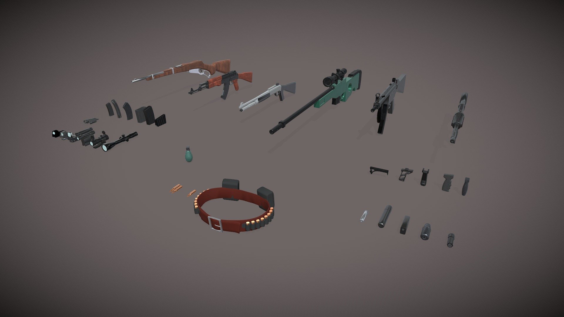 There is a wealth of gun with separate parts and other weapons used in the game of shooting or hunting.
-Guns
-Bullets
-bomb
-Grips
-Bullet holder etc.

All models are fully unwrapped. It pack have textures. you can use directly.

If you have any suggetions or query for this pack, you can contact us on skype : vasundhara.vision 
Enjoy!
Welcome Feedback:) - Gun Weapon Assets - 3D model by Vasundhara Infotech LLP (@vasundharainfotechllp) 3d model