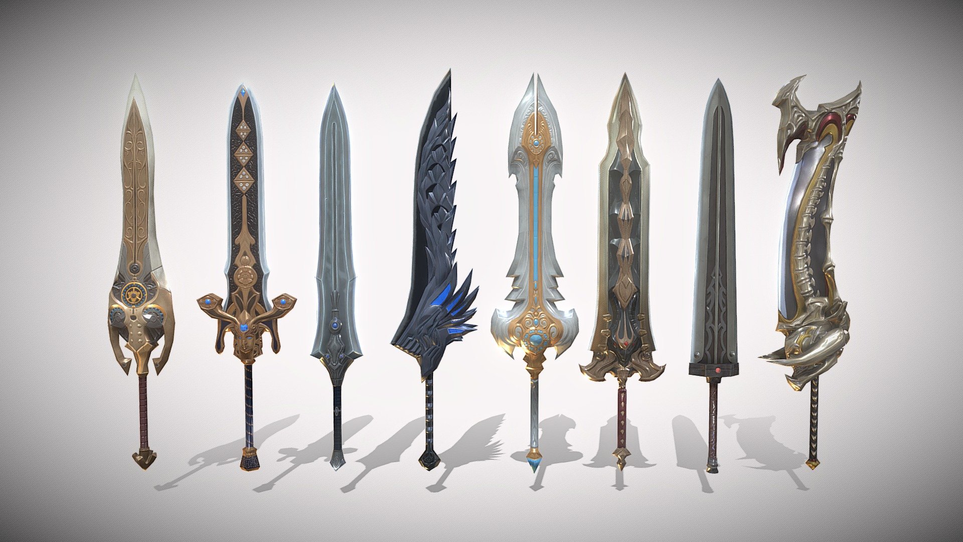 A collection of eight epic battle swords.




Model: about 700 triangles por model.

Mats: diffuse, normal, occlusion and metallic.

Res: 2048 x 2048.

Each sword includes three bones. The first one (&lsquo;Weapon_Point') is the point to grab it, the second and third bones (&lsquo;FX_Weapon_B' and &lsquo;FX_Weapon_T') can be used to add a trail 3d model