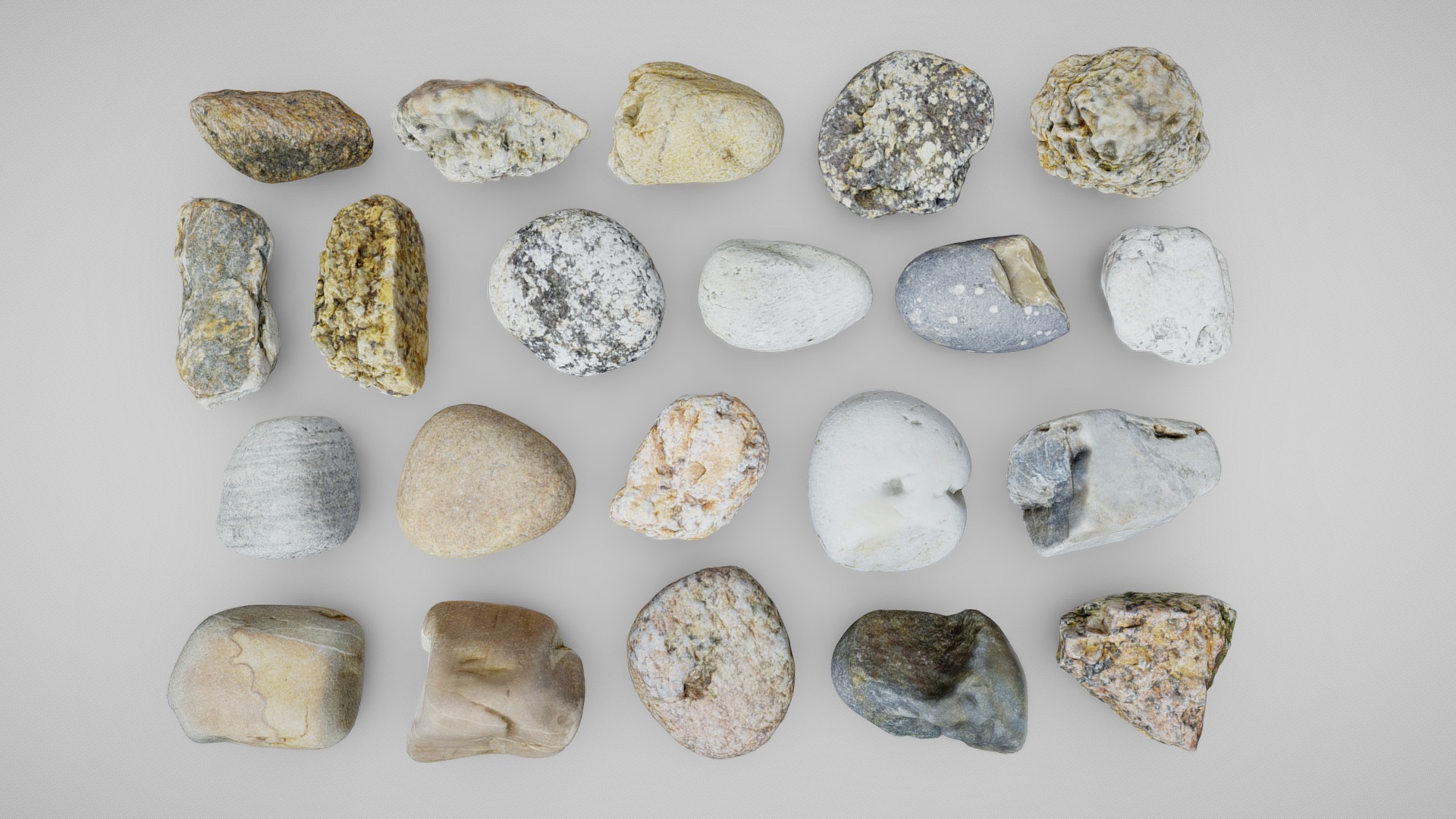 Other packs: pack 1, pack 3, pack 4

These assets were generated from scans of beach pebbles and stones I picked up on the shore between Plouguerneau and Roscoff, in France. I did not specifically select extraordinary samples, but rather tried to go for a broad diversity of colors and shapes in order to create an interesting pack.

Each prop in this bundle comes with .fbx, .obj and .dae formats, and is available in 5 different resolutions:




LOD0: 15k tris - 4096x4096 textures (albedo and normal maps)

LOD1: 5k tris - 2048x2048 (those are the ones visible here!)

LOD2: 1.5k tris - 1024x1024

LOD3: 500 tris - 512x512

LOD4: 150 tris - 256x256

If this fits your usage, you can also simply download the full collection of 84 rocks for free in the lowest resolution here :D

Enjoy ! - Rocks - Pack 2 - Buy Royalty Free 3D model by Loïc Norgeot (@norgeotloic) 3d model