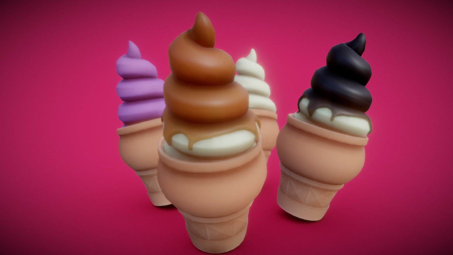 Modeled in 3DS Max/Zbrush, textured in Substance Painter/Photoshop.
The regulat ice cream model (without dip; Vanilla and Strawberry) has 2075 polygons and the model with Dip (Chocolate and Caramel) has  4858 polygons.

Files included:
• Icecream_Regular_OBJ.obj (Inside the Icecream_OBJ-Files.rar)
• Icecream_With-Dip_OBJ.obj (Inside the Icecream_OBJ-Files.rar)
• Diffuse Map (2048x2048)
• Normals map (2048x2048)
• Ambient Oclusion map (2048x2048)
• Roughness map (2048x2048)
• Subssurface Scattering map (2048x2048) - Stylized Ice Cream Cones, Multiple Flavors 3d model