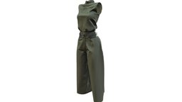 Female Sleevless Green Belted Jumpsuit green, , fashion, clothes, with, dress, daily, realistic, real, casual, belt, elegant, jumpsuit, wear, belted, waist, khaki, pbr, low, poly, female, sleevless