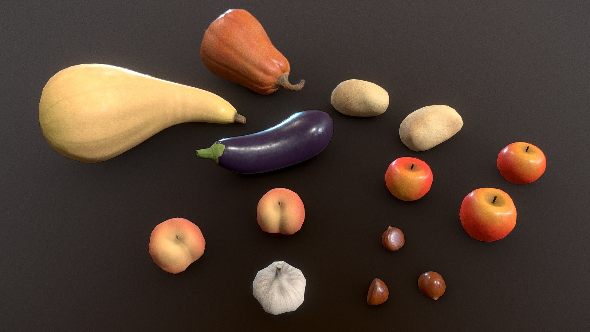 Various fruits and vegetables (apples, chestnuts, eggplant, garlic, gourds, peaches and potatoes). They share 2 sets of textures (2048x2048) 3d model