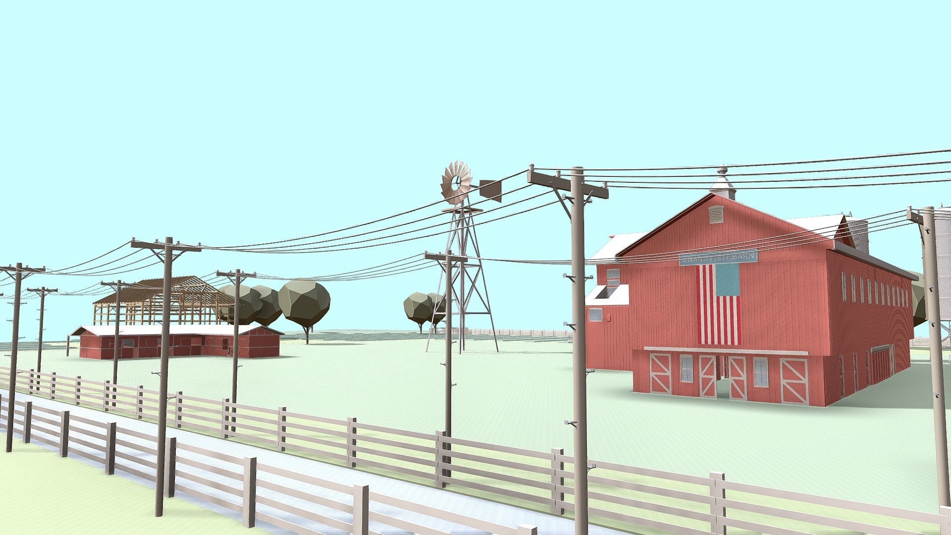 This American Farm 3D model is representation of a traditional farmstead commonly found throughout rural areas of the United States. The model depicts a large, rectangular farmhouse made of wood or stone with a pitched roof, multiple windows, and a front porch.

The farmhouse is surrounded by several outbuildings, including a barn, a chicken coop, a silo, and a storage shed. The barn is a large, rectangular structure with a gambrel roof and multiple stalls for livestock. The silo is a tall, cylindrical structure used for storing grain, and the storage shed is a smaller, rectangular building used for storing tools and equipment.

The farm is set within a rural landscape, featuring rolling hills, fields of crops, and grazing pastures for livestock. The model depicts the various crops grown on the farm. The fields are divided by fences and hedgerows, with a dirt road leading to the farmstead 3d model