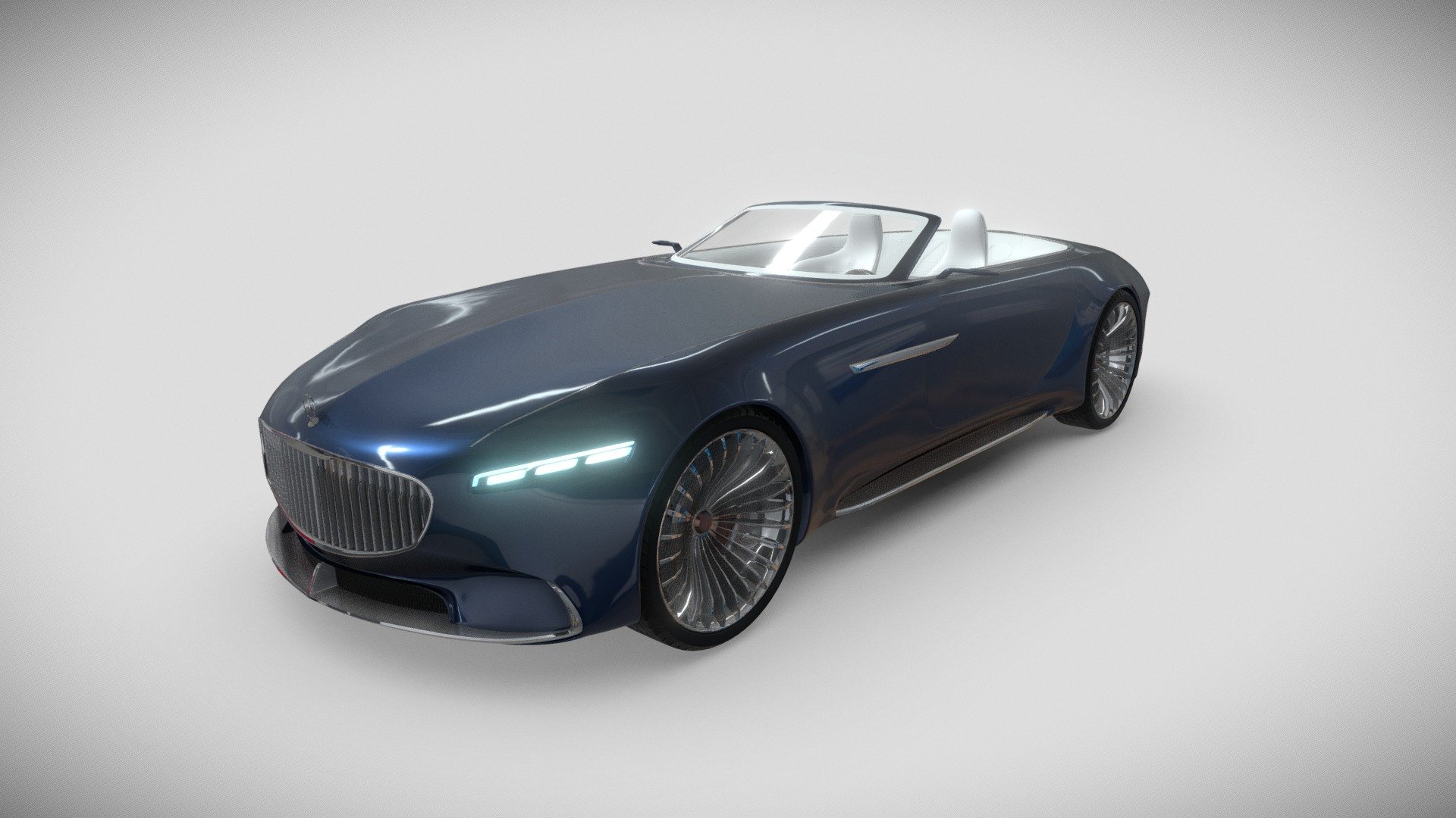 Life-size 3D model of Mercedes-Maybach 6 Cabriolet 2018 concept car with fully modeled and textured interior.

Poly count: 233 847

Measurment system: metric.

All parts presented as separate objects with materials and textures, including tires, and are easy to adjust or modify (e.g. color, color of lights and backlighting, roughness level etc.)

Interior is fully modeled and textured according to real-life references with extra attention to detail. PBR textures include: Albedo, Metallness, Roughness, Specular, Normal and Emission.

Photo-realistic car paint material with freznel and microscopic bumps.

All textures are packed into a .blend file &amp; a separate folder

Available formats: .blend (native), .fbx, .obj, .mtl, .gltf, .glb

There are no surface imperfections on textures as if a car is cleaned and polished for a display.

Rendered in ray-tracing Cycles engine. Custom HDRI and environment are not included in the final product.

No plug-ins required 3d model