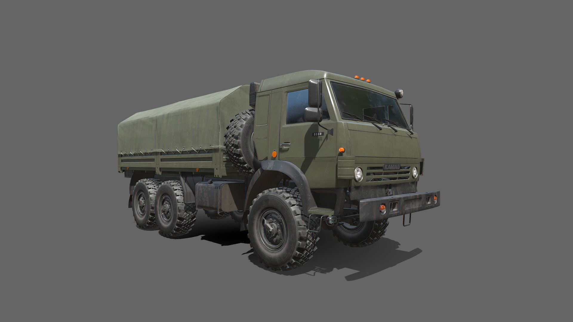 The KamAZ-5350 general utility truck is a member of Mustang family. This family of military trucks includes the KamAZ-4350 (4x4) and KamAZ-6350 (8x8) with numerous variants. This general utility truck is a further development of the KamAZ-4310, which was launched in the early 1980s. It was officially accepted to service with the Russian Army in 2002 and a small-scale production commenced in 2003.
  The KamAZ-5350 is entirely conventional in design. Vehicle has a payload capacity of 6 000 kg and can also tow trailers or artillery pieces. This military truck can carry a variety of shelters or container-type loads. A standard troop/cargo platform has drop sides, drop tailgate and removable tarpaulin with bows 3d model