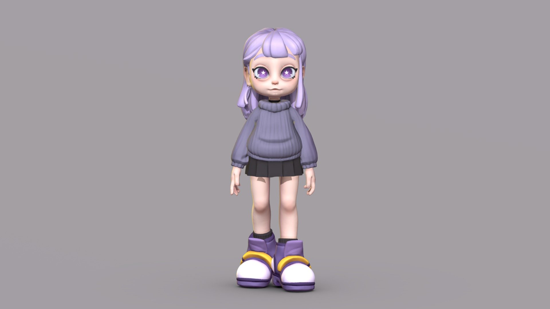 an original character made to practice modelling.
Unrigged but an A-pose version is available.

sculpted in Zbrush
textured in Substance Painter - [Original] Soft and Stylized Girl in purple - Download Free 3D model by Kanna-Nakajima 3d model