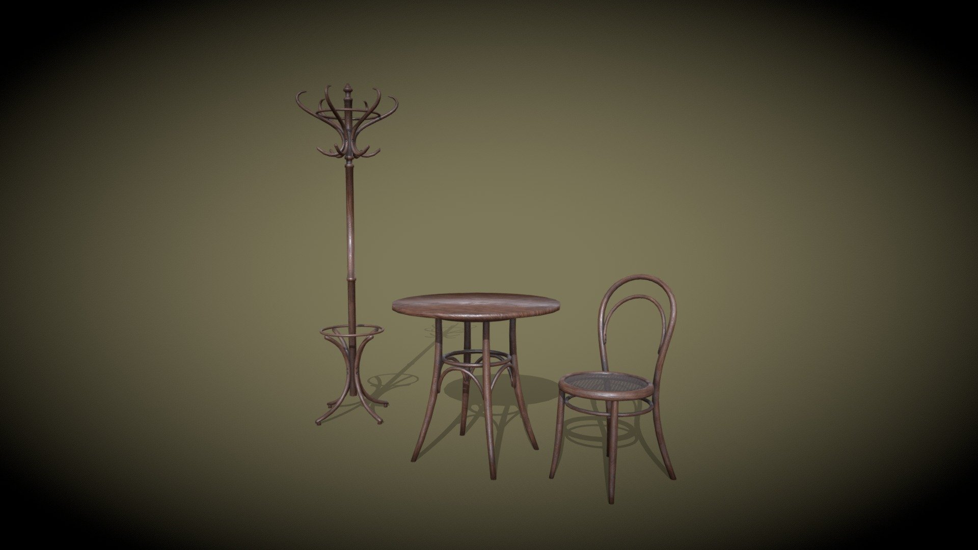 Chair - Michael Thonet Nr.14 (from 1860). Table - Gebrüder Thonet GmbH (2nd half of the 19th century). Coat stand - Michael Thonet Nr.15 (middle of the 19th century).

Low poly - less than 5000 quads for all.

Blender, Substance Painter 3d model