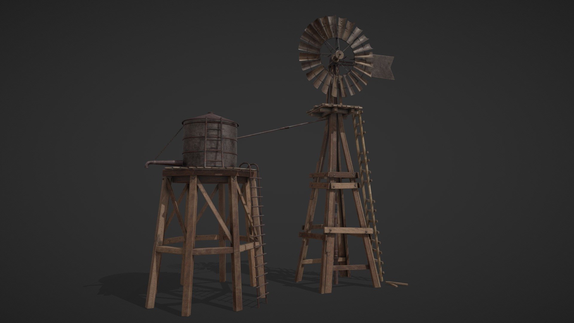 Hi! These are models of some old stylized Vintage Western Windmill and Windpump done for fun. It’s a part of a more big project where I’d like to recreate an old Western Scene. Hope you like it! - Windmill & Windpump Western Set - Buy Royalty Free 3D model by vdaquino 3d model