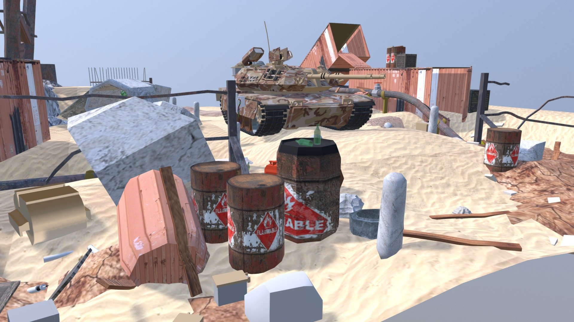 Tank around debris, scrap metal, containers and many others small pieces 3d model