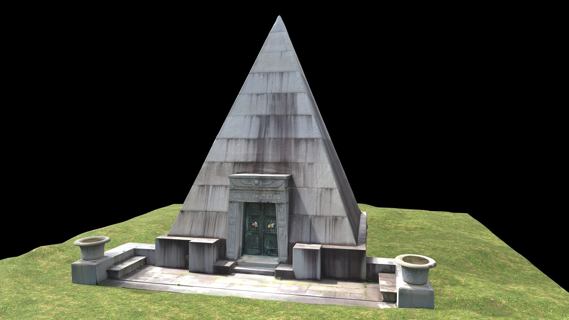 The Egyptian Revival style pyramid mausoleum of Brown family was built in 1898 for William H. Brown and his family.  It is locateed in Homewood Cemetery, Pittsburgh, PA and was designed by architectural firm of  Alden &amp;amp; Harlow, Pittsburgh, PA. Brown was a banker and shipping magnate who was the largest shipper of coal on the Mississippi and Ohio Rivers.

Created from 388 photographs (Canon EOS Rebel T7i) using Metashape 1.7.0.  Minor mesh edits adn creation of the ground plane done in Blender 2.92.  Minor texture edits made in Photoshop CS.

Photographed in August 2021 - William H. Brown Family Mausoleum, Pittsburgh - 3D model by danderson4 3d model