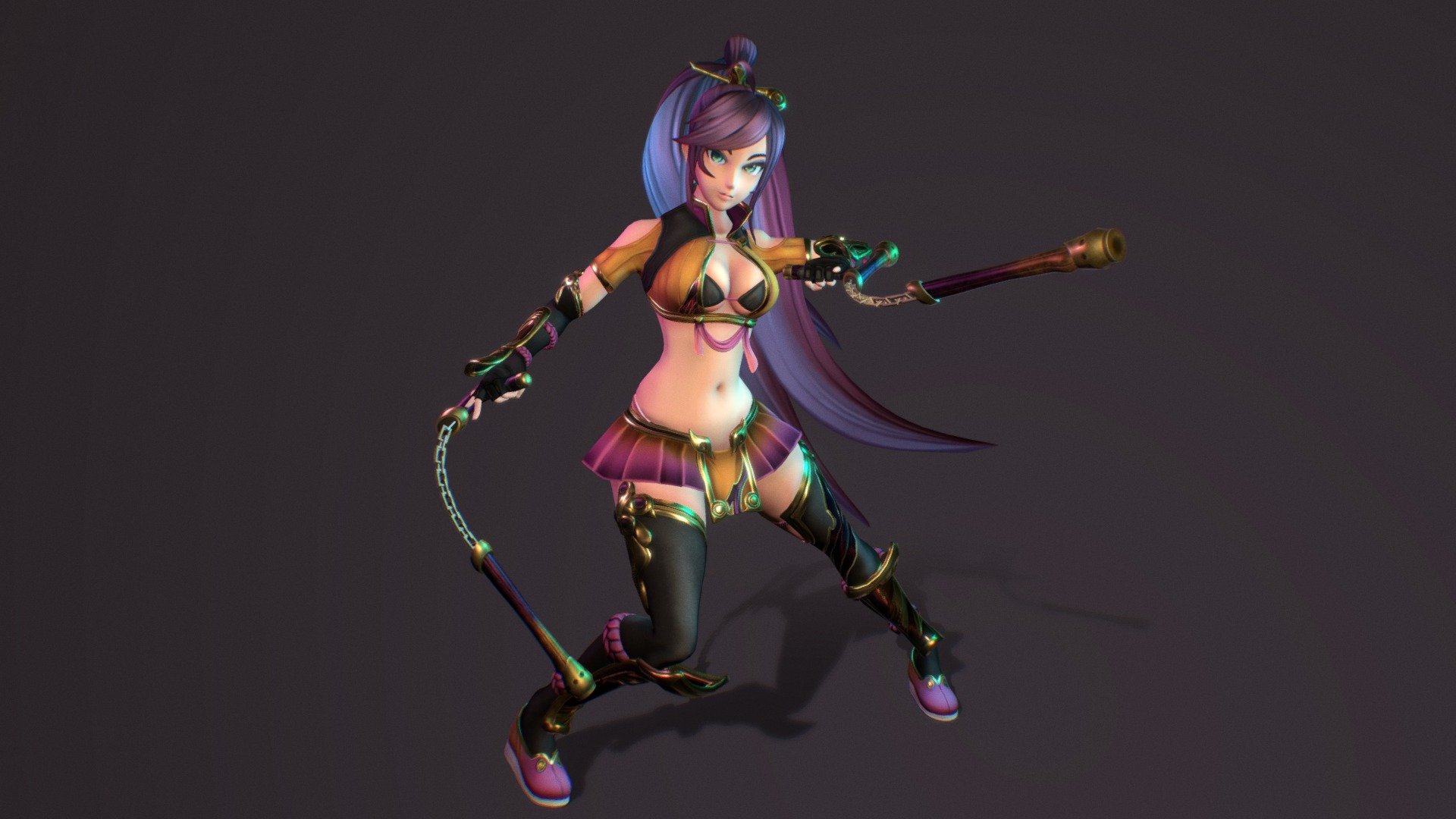 SG - The fighter girl! She fights using a modified tonfa nunchaku pair!

An original character. I tried a different stylized method of texturing. Make sure to preview without lights! - SG - Game ready - 3D model by Ayvie 3D (@ayvie3D) 3d model