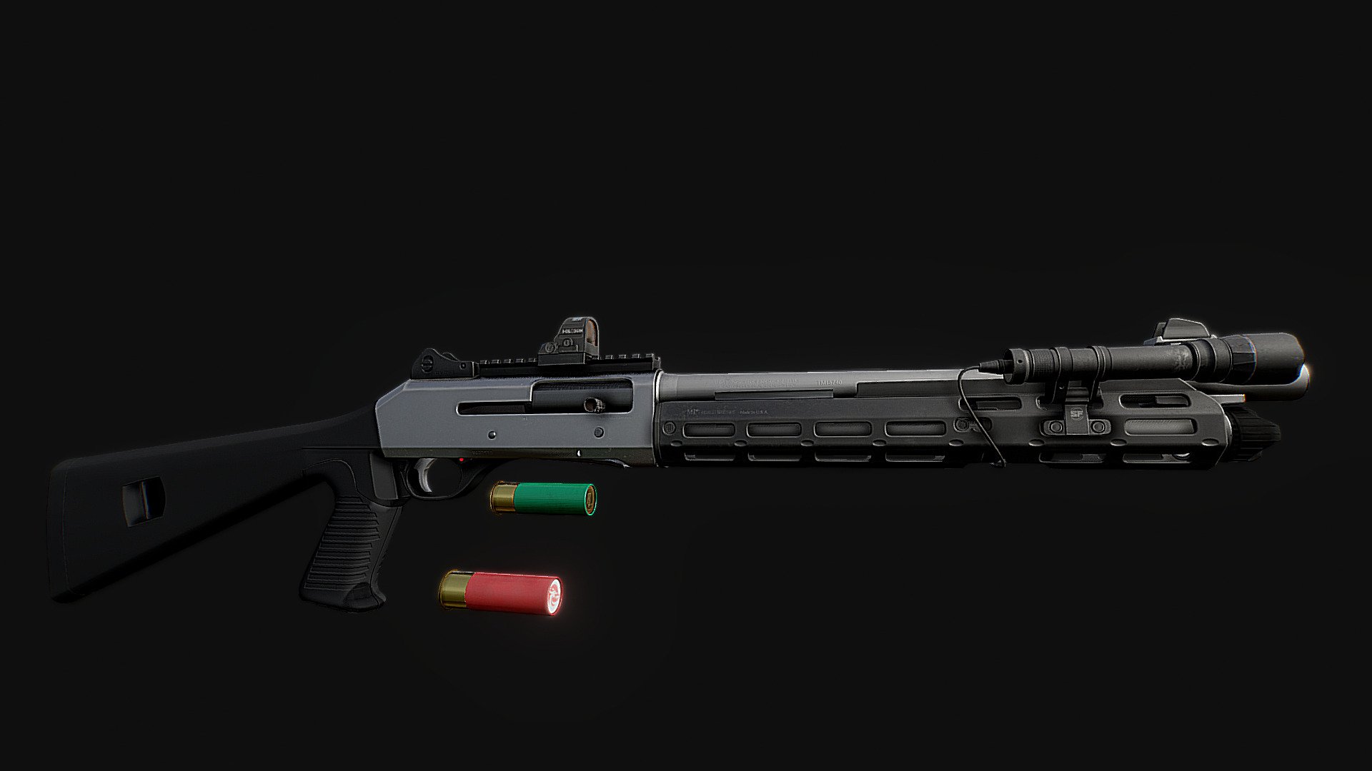 I'm happy to present a new weapon I made for fun. In total it took me 17 Hours modeling, 5 hours UVs and Bakingand 8 hours of texturing.

Handguard: Midwest.

Red Dot Sight: Holosun.

Flashlight: Surefire.

Pad: Surefire.

Weapon tris count &ndash; 20,395.

Attachements tris count &ndash; 9,136.

Bullet tris count &ndash; 640.

4 Texture Sets:

Weapon - 4096x4096res.

Attachments - 2048x2048res.

Bullet - 512x512res.

Red Dot - 256x256res 3d model