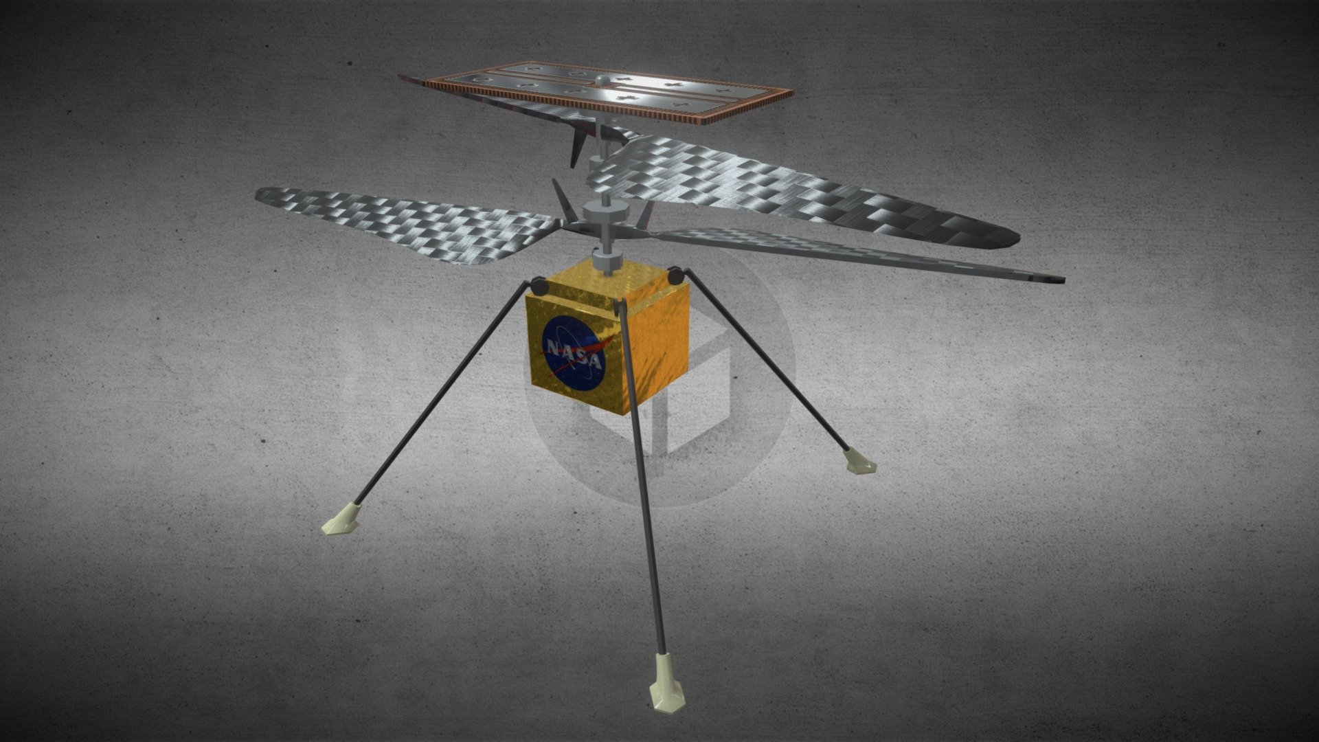 Helicopter scout deployed from the Mars  2020 Rover to test technology for scouting areas of interest.  Equiped with counter-rotating coaxial rotors.

Fully Dummy Rigged.
1.7k polys.

Also Includes: Alternate texture resolutions: 1k, and 512 3d model