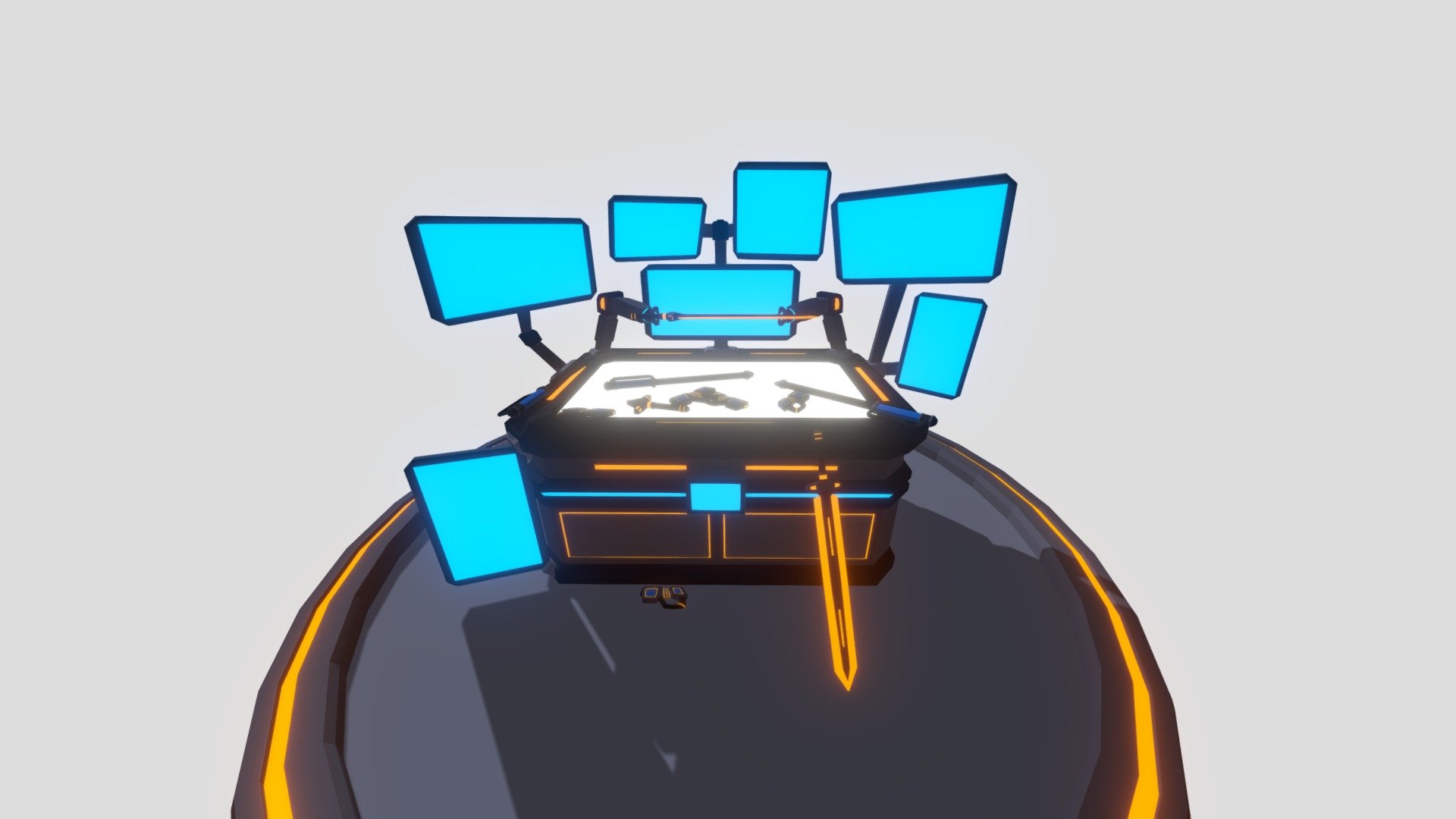 Little Project I worked on for a Game Jam with some mates. The theme was Oversaturation so I decided to make a table with too many screens, covered with lights and littered with weapons 3d model