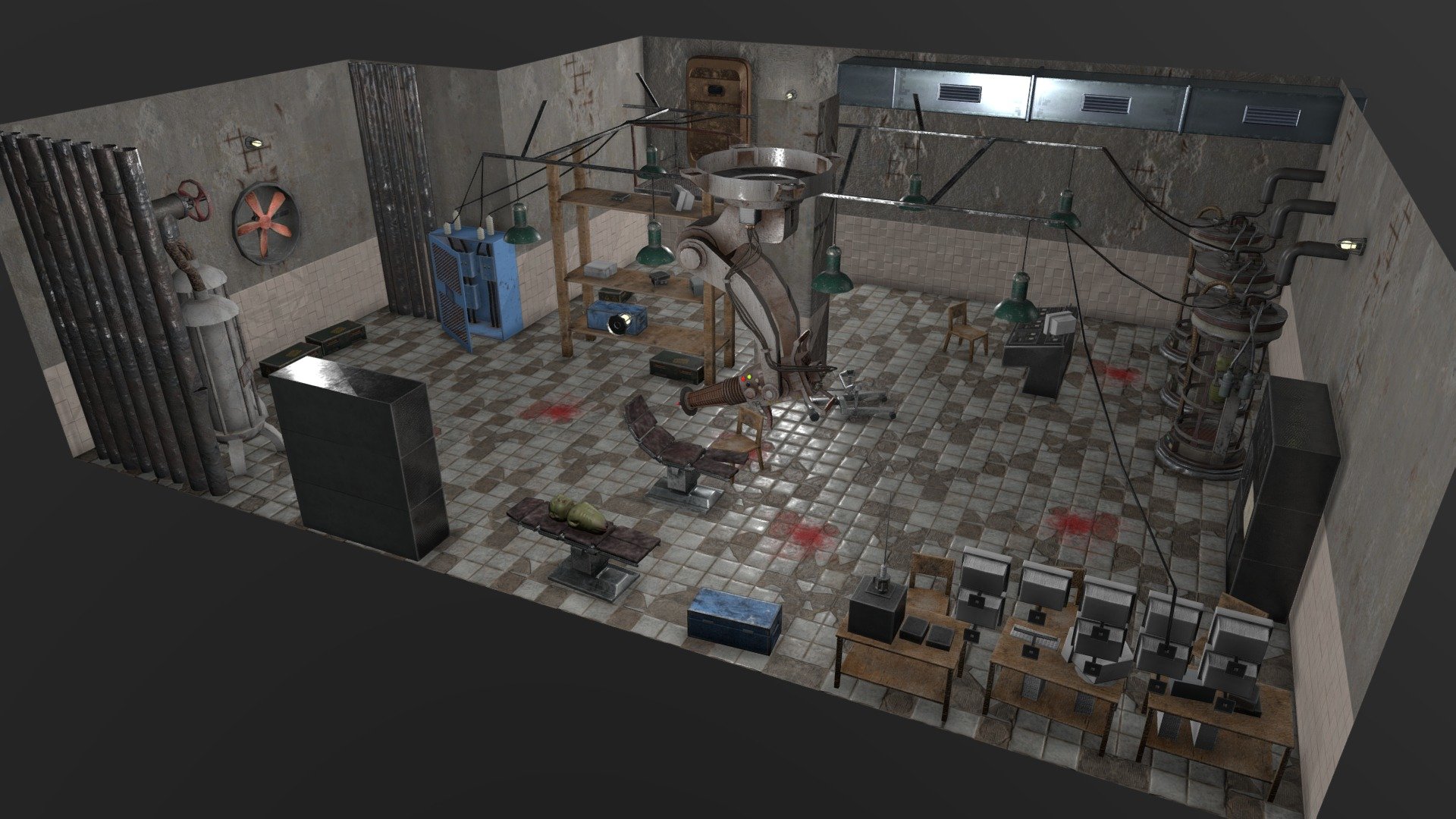 The final stage of our training at the polygon school.by was the study of pbr texturing. For our work, we chose a sinister laboratory in the style of the STALKER computer game.
I created this location, as well as the items in it. I also installed models created by my classmates. And in the end, I edited a video that really conveys the atmosphere of this place.
Tatiana Lyskovets (https://www.artstation.com/tanyl) created a mutant placed in a vessel for experiments.
Arciom Shaukovich (https://www.artstation.com/arshel) created a laser for performing surgical operations.
Vladimir Moroz created an operating table. 
https://www.artstation.com/artwork/0nRe0y - Evillab - 3D model by senya.frozenov 3d model