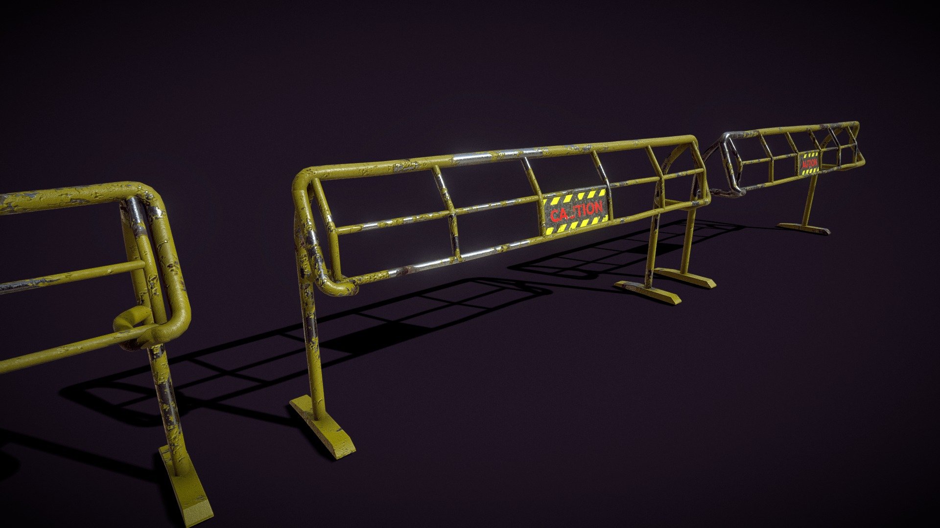 Set of 3 industrial damaged yellow barriers game-ready assets that can fit your cyberpunk, scifi, post-apo or urban environment.
Seamless texturing : crackled paint is fully wrapped on the metal bars, assets can work from any angle, no glitchs.
Decal &ldquo;Caution
