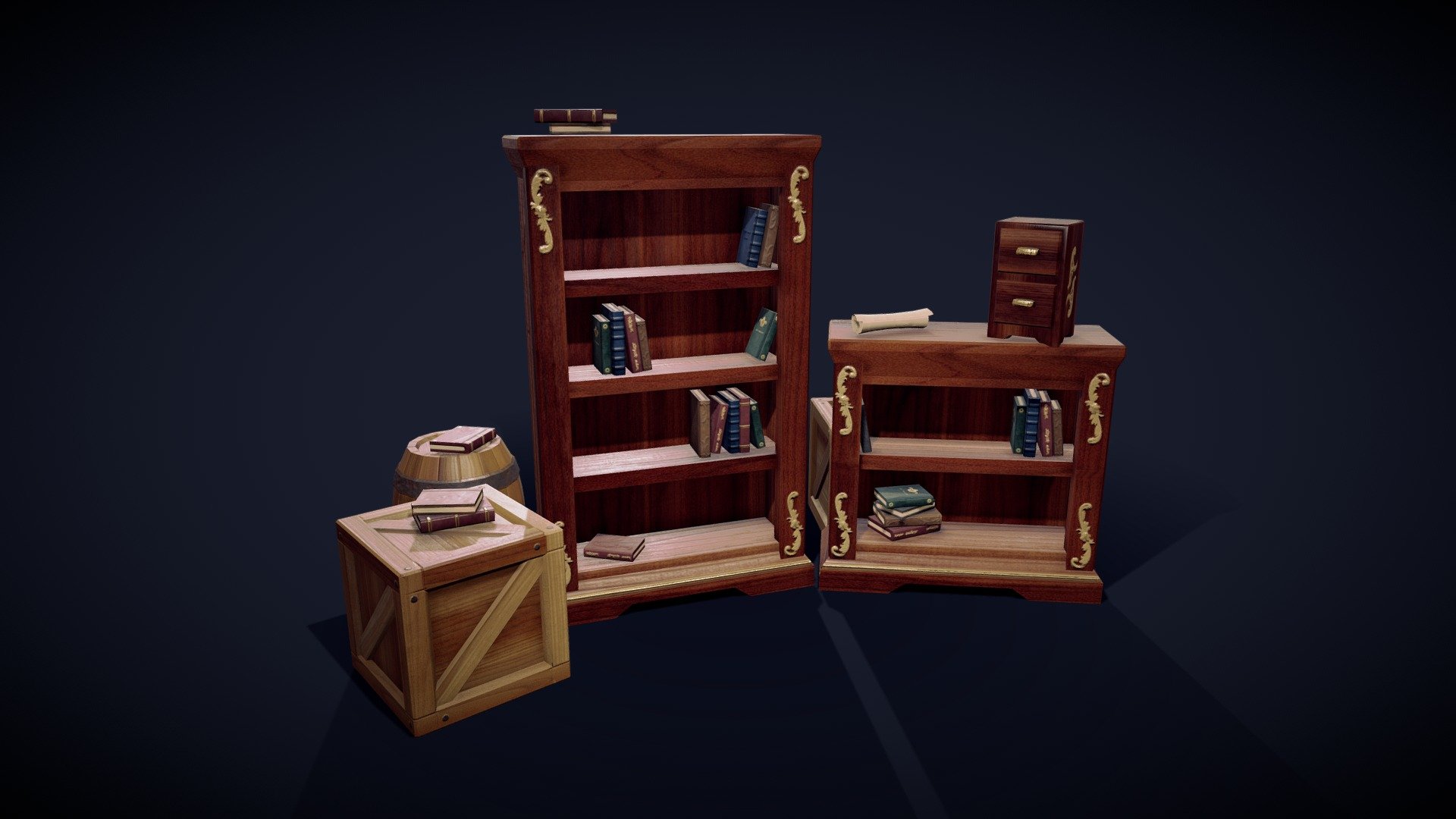 Props made for the Side Scrolling Cathedral asset pack for Iron27 - Books Barrel and Shelves - 3D model by cbragg 3d model