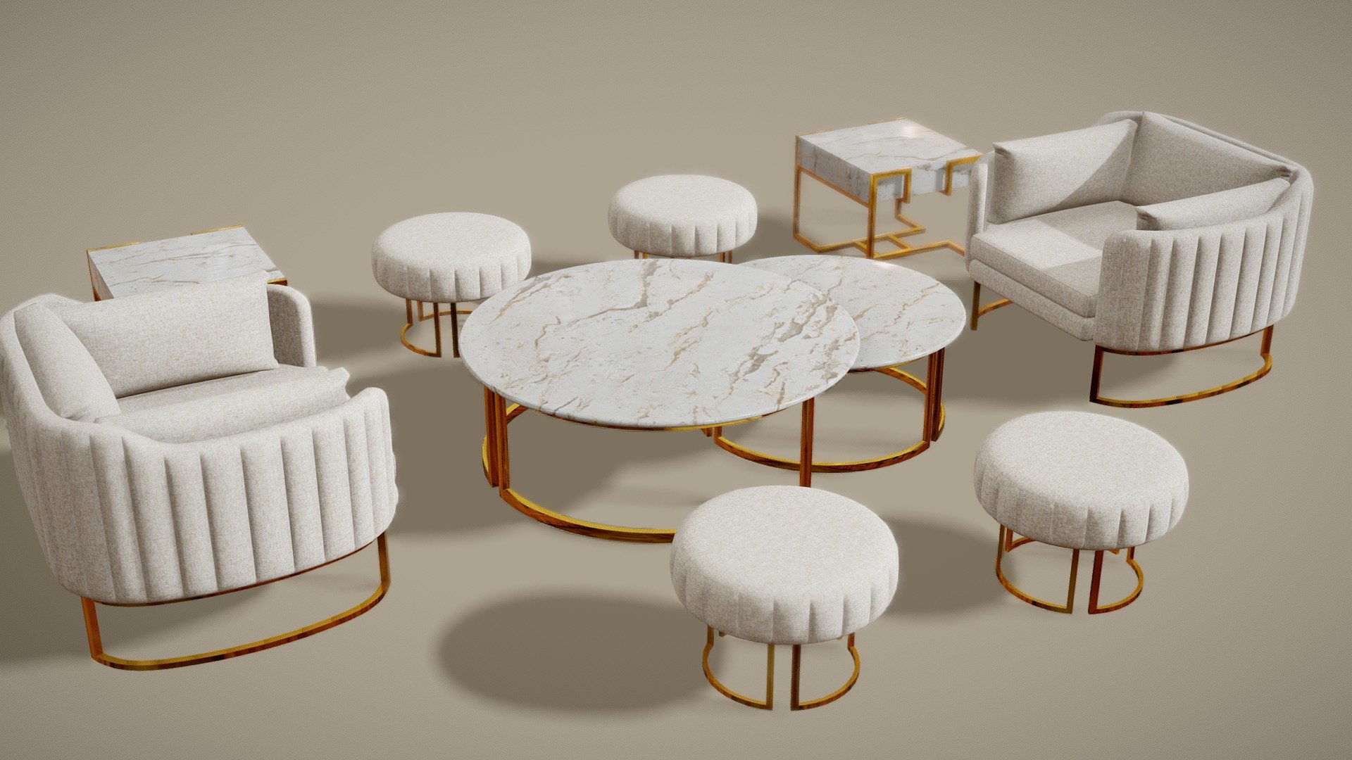 Thats a Sofa Set 03.
It includes 2 types of Sitting place &amp; 2 types of table.
They can be rearranged to match the surroundings 3d model