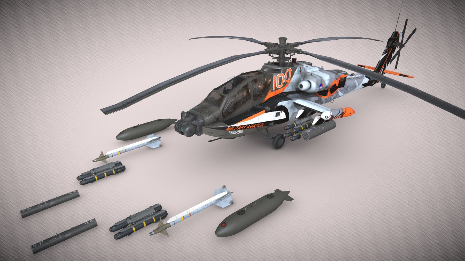 Helicopter Apache AH-64D Royal Netherlands Airforce


Basic and Complex Animation versions are available as seperate models (see my profile models)


File formats: 3ds Max 2021, FBX, Unity 2021.3.5f1


Weapon:


* - External Fuel Tank 

* - Launcher M-260 with Hydra 70 missiles 

* - Launcher M-261 with Hydra 70 missiles 

* - Hellfire launcher and missiles 

* - M230 chain gun 


This model contains PNG textures(4096x4096):


-Base Color

-Metallness

-Roughness


-Diffuse

-Glossiness

-Specular


-Emission

-Normal

-Ambient Occlusion
 - Apache AH-64D Netherlands Static - Buy Royalty Free 3D model by pukamakara 3d model