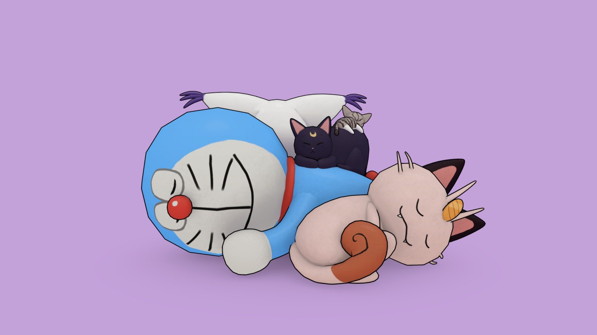 A mashup of some of my favorite anime cats napping!

Cats featured:
- Doraemon from Doraemon
- Luna from Sailor Moon
- Chi from Chi's Sweet Home
- Meowth from Pokémon
- Gatomon from Digimon
- Jiji from Kiki's Delivery Service

Youtube Speedmodel: https://youtu.be/iVLhOHRhsB8 - Anime Kitty Nap! - 3D model by Ines Pereira (@inesp_3d) 3d model