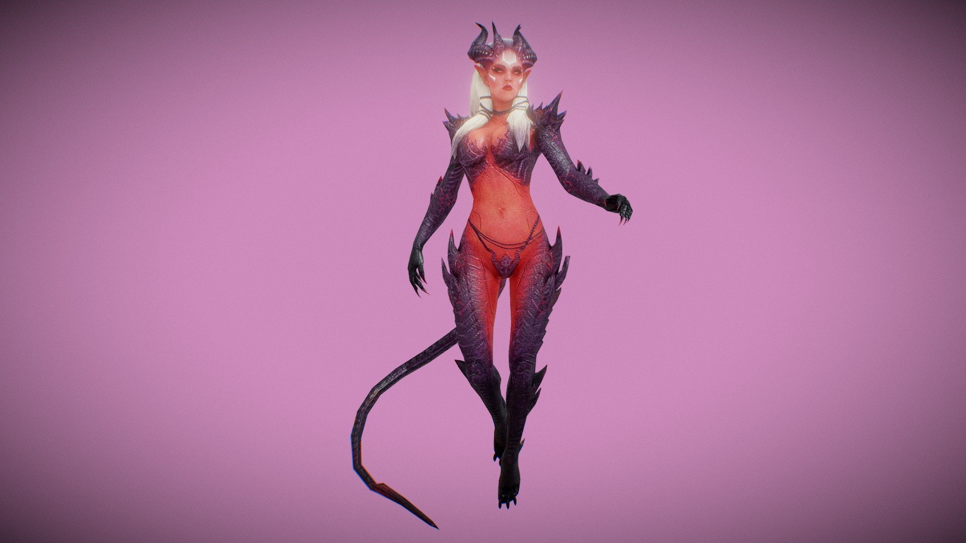 Lowpoly model of Hell Girl,game ready,rigged. PBR textures. Include weapons and nude mesh. Ready to import into various game engine like UE4 and Unity. Include nude meshes This character would work well as an NPC, a rank-and-file enemy, or a boss for a fantasy game. This character is of different proportions than the standard Epic Skeleton. The visualization of this character was done in Blender, Substance Painter. The rendering result in other versions with different settings may vary.

+animations unique animations: Idle,flyingLight attack, Critical attack,spear hit,Spear crit,Skill throw.

+Total poly count for each body version (include weapons)

+Rigging use FBX skin. Full body rig and basic facial rig.

+PBR textures (Metallic-Roughness) . DirectX Normal Maps. .PNG format.

Let me know if you have any questions, I’ll be glad to help! - Hell Girl - Buy Royalty Free 3D model by Luna Studio (@StudioLuna) 3d model
