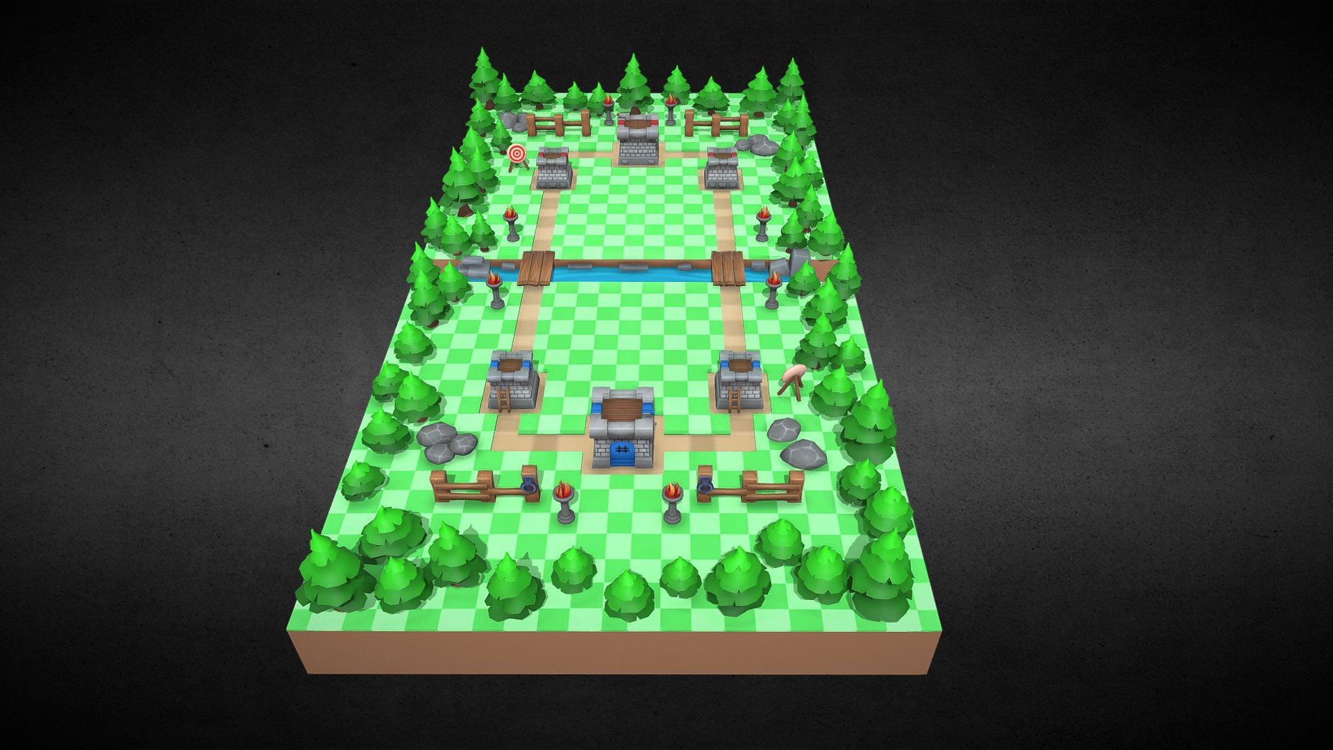 Here is a 3d low poly Clash Royale environment study that I've modelled and textured in my style.

I've used hand painting technique on most of the assets.Only tress and target boards are textured with colour palette.And I used 5 texture maps for all assets.All models optimized for a game engine.

All Towers + Flags + Ladders and Doors = 1 Colour Map ( Hand Painted )

Wooden Bridges + Fences = 1 Colour Map ( Hand Painted )

Rocks + Torches = 1 Colour Map ( Hand Painted )

Trees + Target Boards = 1 Colour Map ( Colour Palette )

Ground + River = 1 Colour Map ( Hand Painted )

Vertices : 6609
Faces : 6174
Triangles : 11795

Modelled : Blender 2.91
Textured : Blender 2.91 and Photoshop Cs6 - Clash Royale Concept 3d Environment Study - 3D model by Batuhan Oktay (@Batuhan.Oktay) 3d model