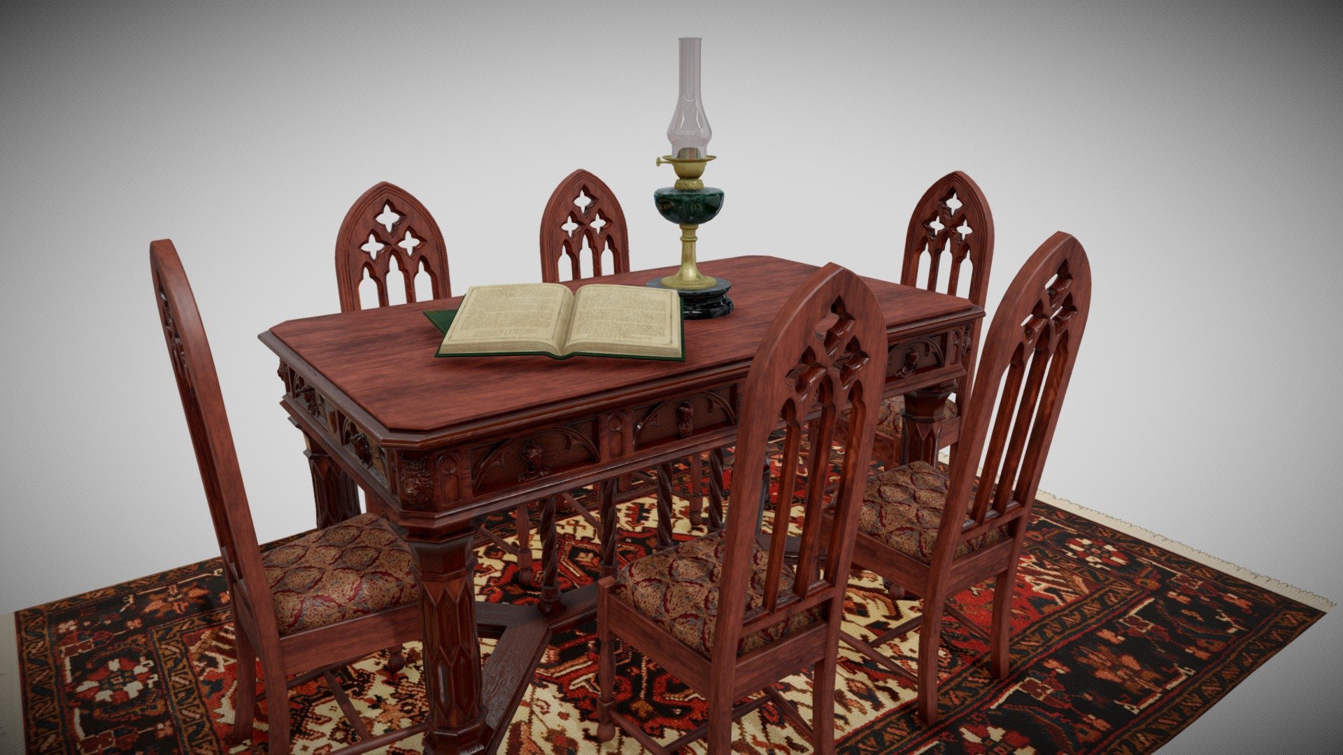 Gothic dining furniture set scene includes gothic table with embossed heads, a chair with ornaments, an oil lamp and carpe. Whole scene is designed for using in the late 19th century or early 20th century 3d model