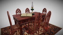 Gothic dining set lamp, victorian, oil, decorative, furniture, table, gothic, inside, head, kitchen, ornaments, oillamp, page, rug, dining, carpet, 19th-century, 20th-century, embossed, book, pbr, chair, design, wood, interior