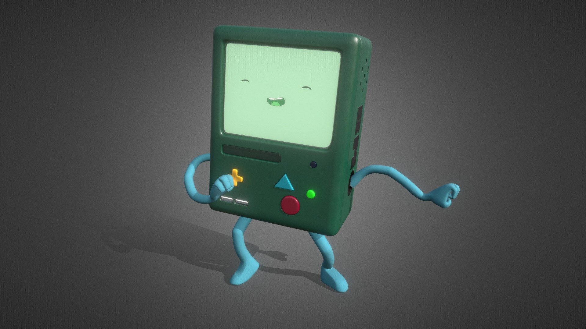 3D model of BMO from adventure time.

Modeled, rigged and animated in Blender 2.8, rendered with eevee, texturized in Substance painter. The arms animation was made with Bbones, since i couldn't make it wok in sketchfab i uploaded the model without the animations. Also, the original face was made with grease pencil, but here is uploaded as mesh, since sketchfab doesn't support it 3d model
