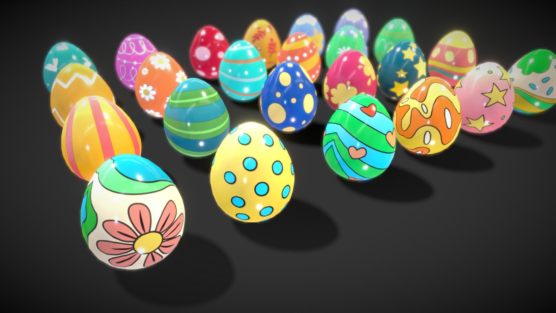 Get ready for Easter!

Collections Easter Eggs 5 model low-poly 3d model ready for Virtual Reality (VR), Augmented Reality (AR), games and other real-time apps. its ready for rendering and advertising too Features: 
- 24 egg prefabs 
- 4 Colections styles texture
-  Polycount list : 
-   Model 3D lowpoly Eggs ( 12288 polys/23040 Tris/11568 Verts) 
-    4 Texture colections size 1024/1024 Please contact me if you have questions or need assistance with the models 3d model
