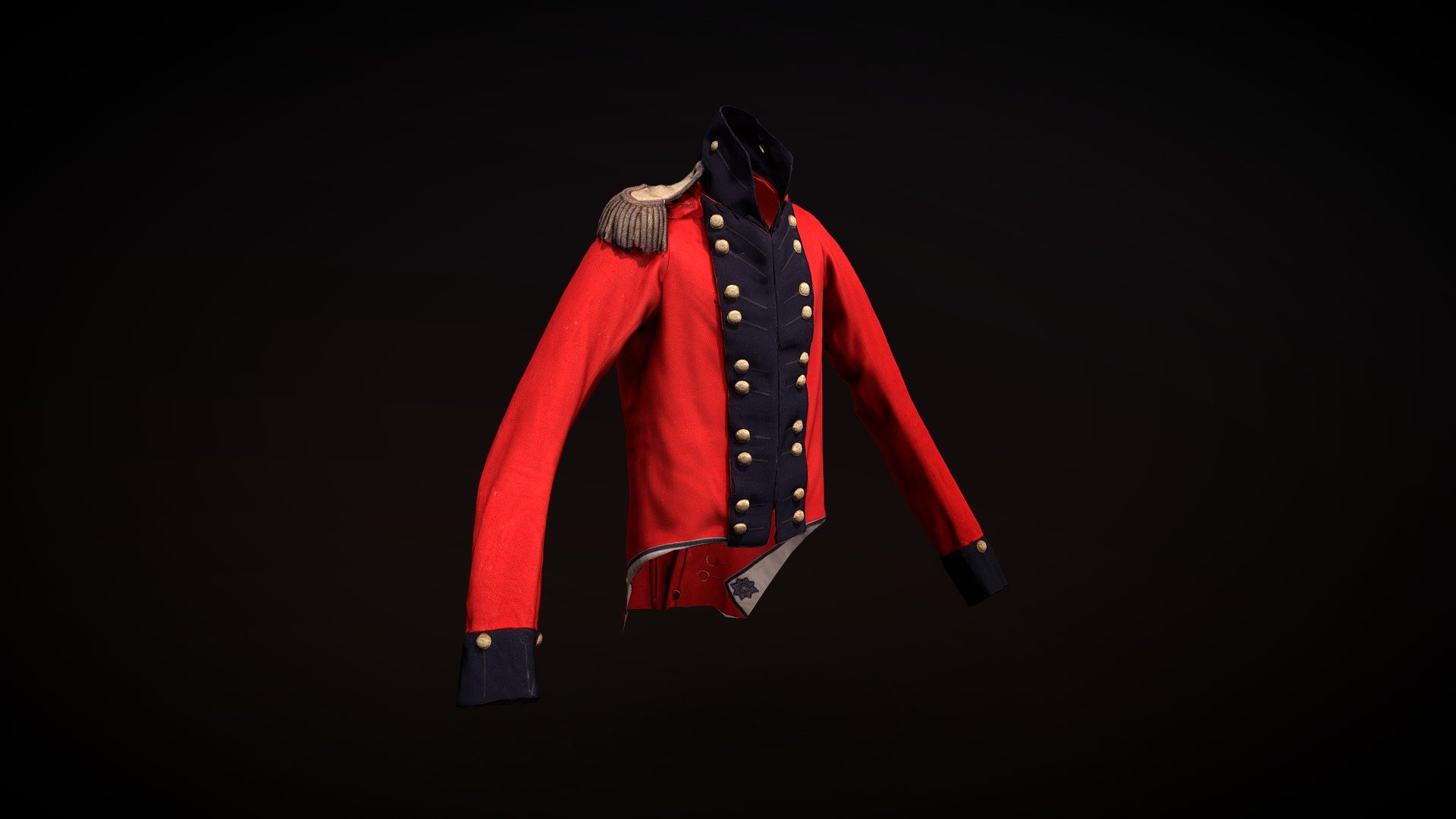 Scarlett Coatee, officer's, 3rd Battalion Company Royal Cornwall Local Militia. Scarlet short tailed coatee of the Waterloo period. Royal blue facings shown on collar, cuffs and front turnbacks. Pocket in each side of the tails accessible from the outside. Ten large buttons down front turnbacks on each side, each side arranged in five pairs. Dummy pocket flaps on each tail secured by four large buttons on each flap arranged in two pairs at the same spacing as the front turnbacks. Four large buttons on each tail, arranged on each side one at waist. Blue turnback cuffs, cut square with each cuff secured by four large buttons, spaced in two pairs as for front turnbacks. Two small buttons on collar, and all buttons have long imitation button holes embroidered in dark blue or black on the facings and in scarlet on the scarlet.
The model was created by Purpose3D. If you are interested in purchasing the model, please get in touch with Purpose 3D 3d model